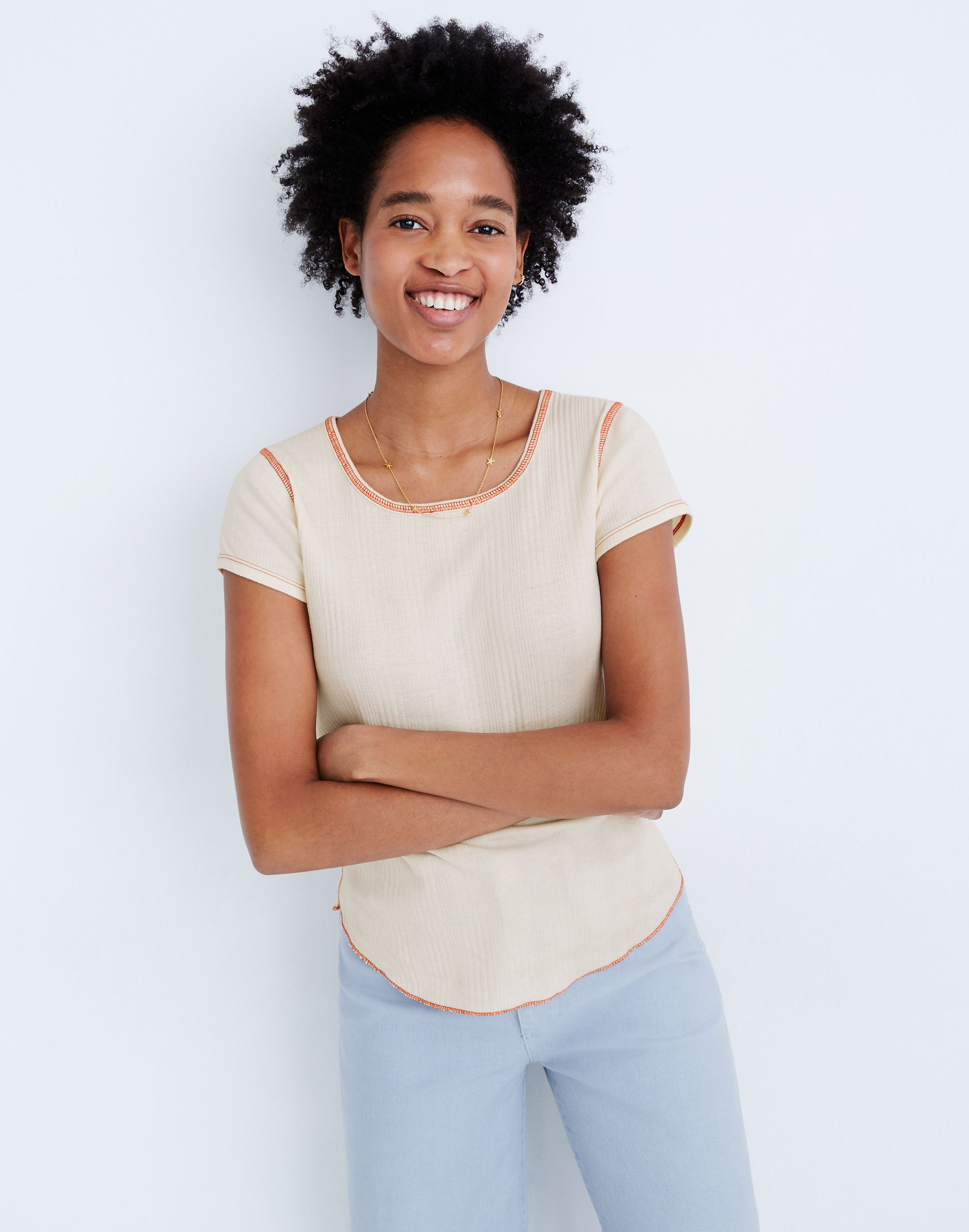 Ribbed Contrast-Stitch Baby Tee