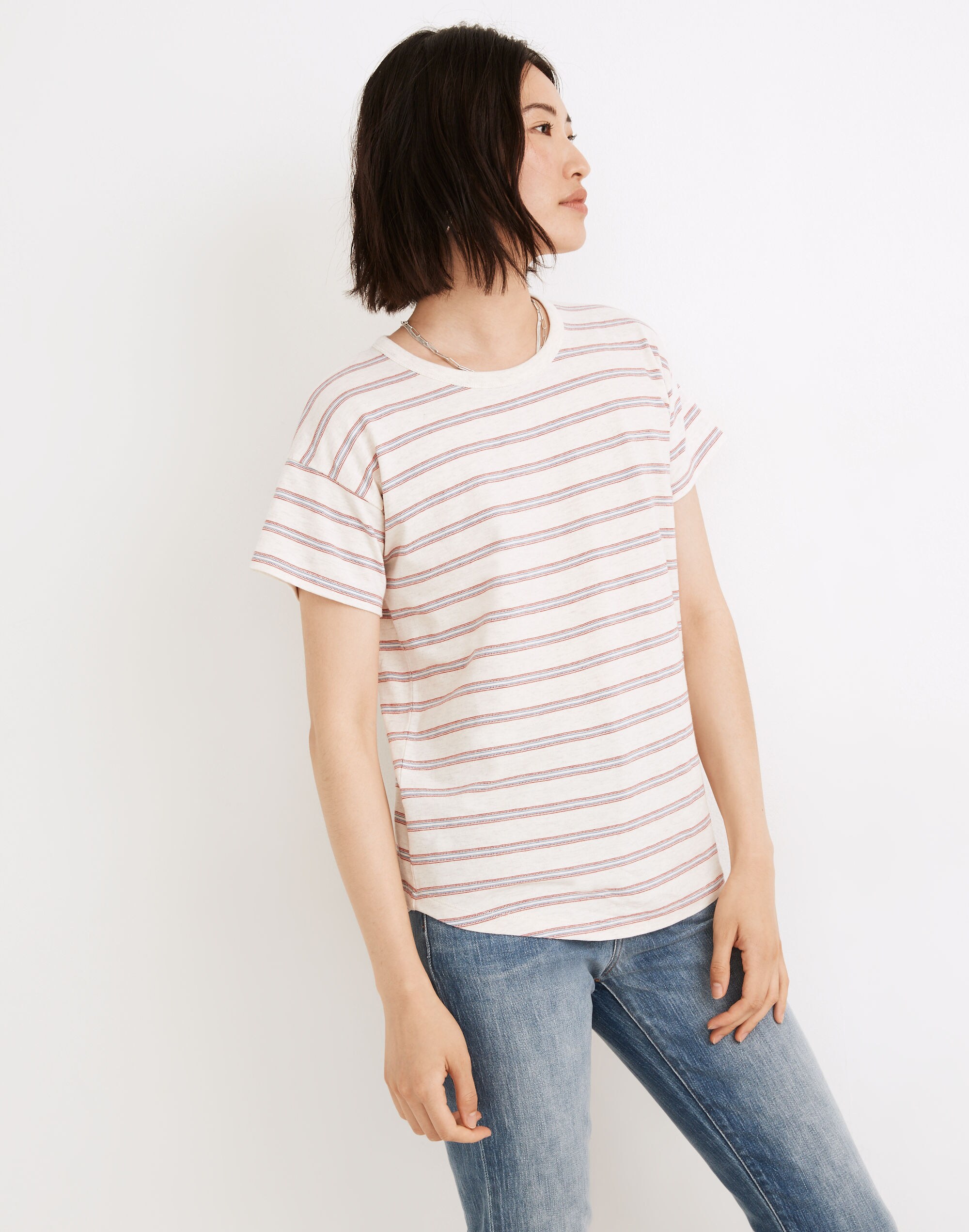 Rib-Crewneck Tee in Jacquard Stripe