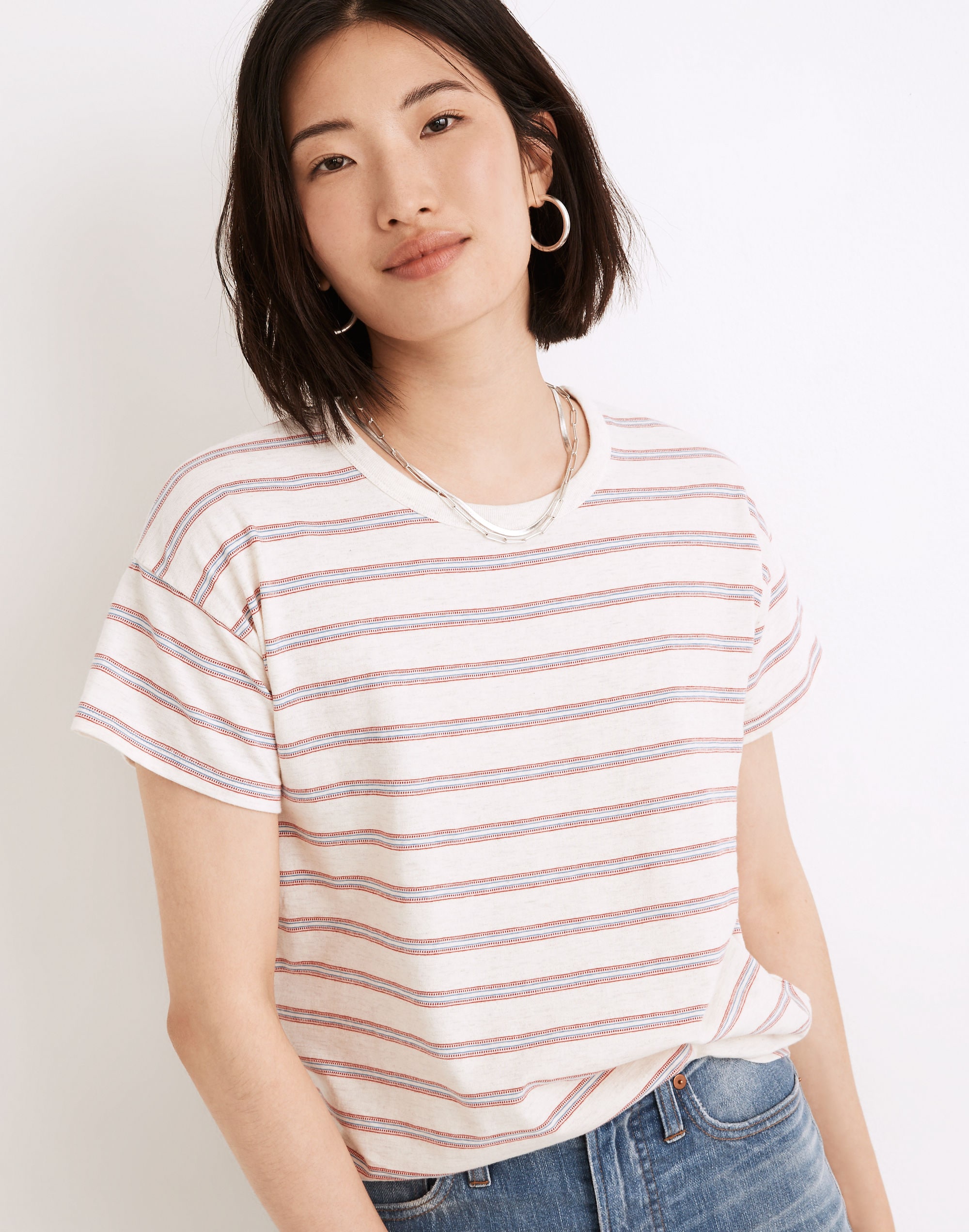 Rib-Crewneck Tee in Jacquard Stripe
