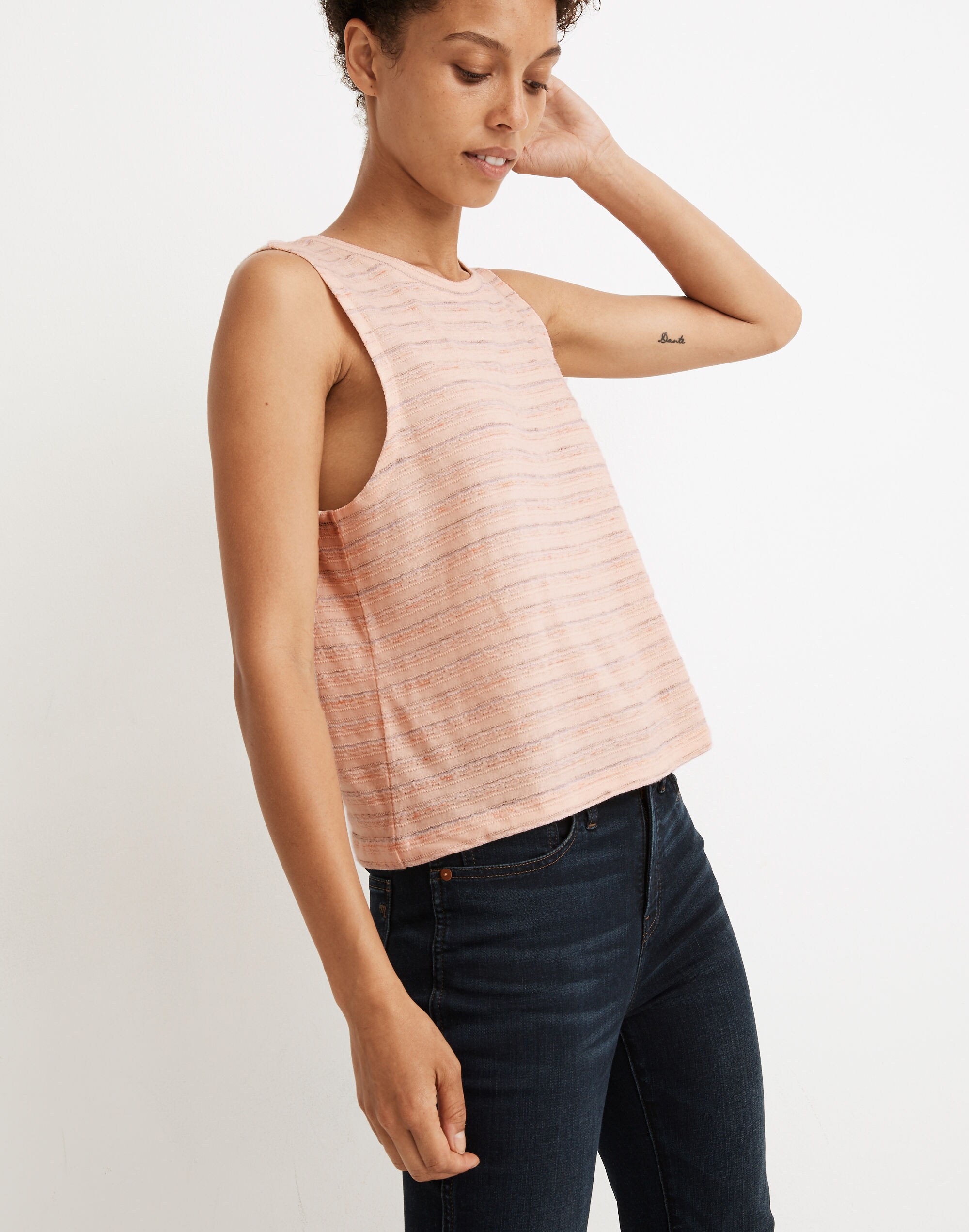 Raw-Edged Hangout Muscle Tank in Textured Stripe