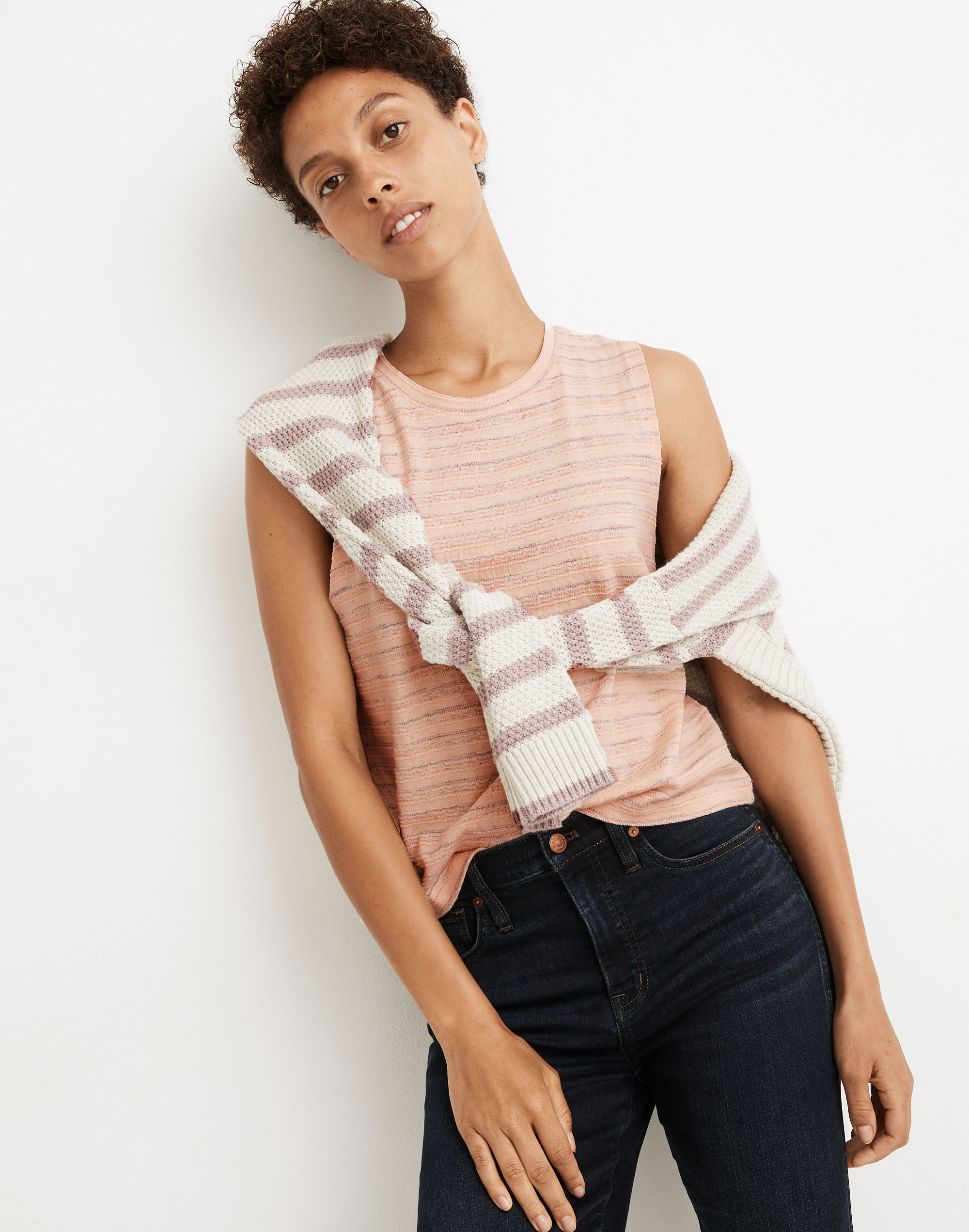 Raw-Edged Hangout Muscle Tank in Textured Stripe