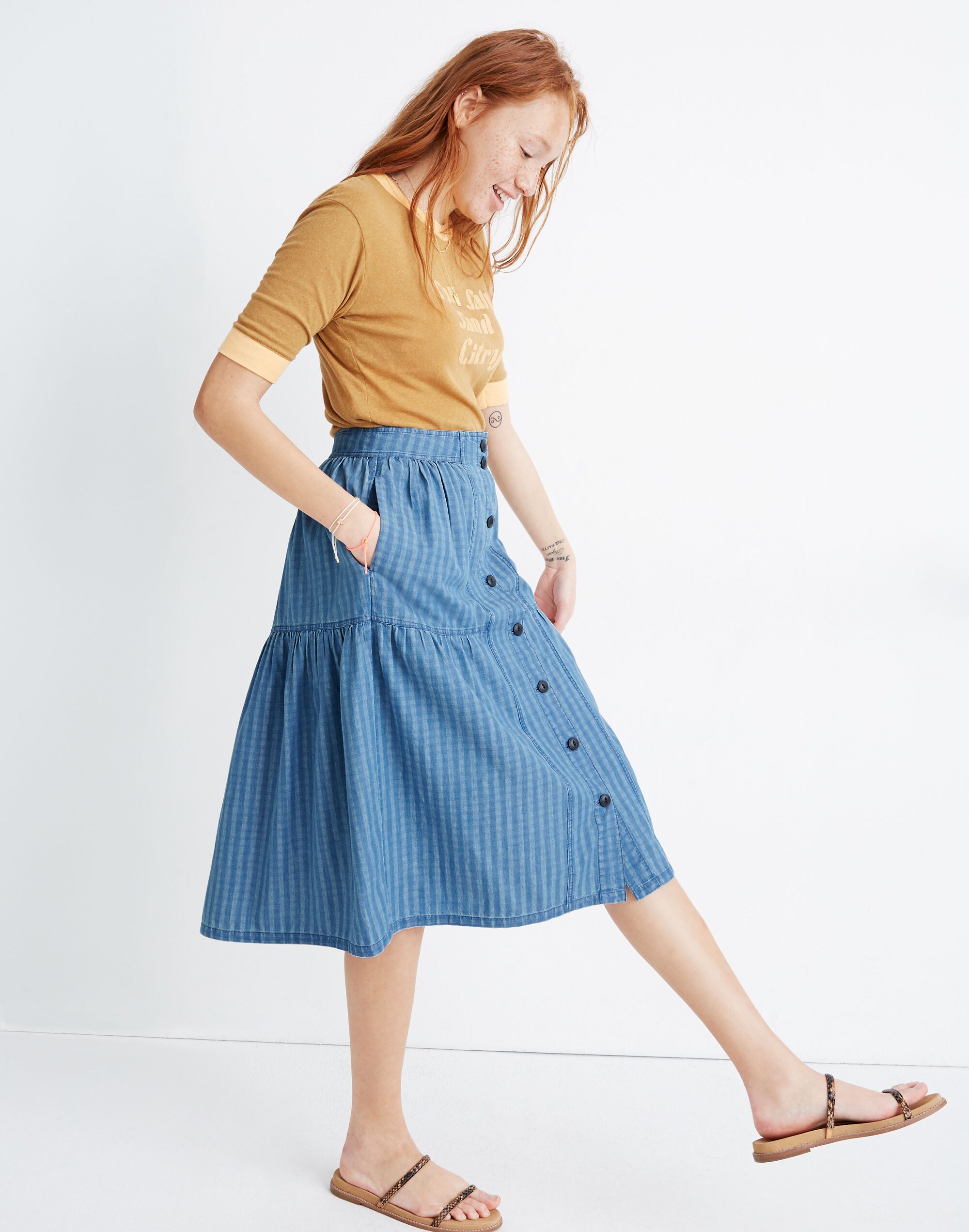 Button-Front Tiered Midi Skirt in Indigo Gingham Check