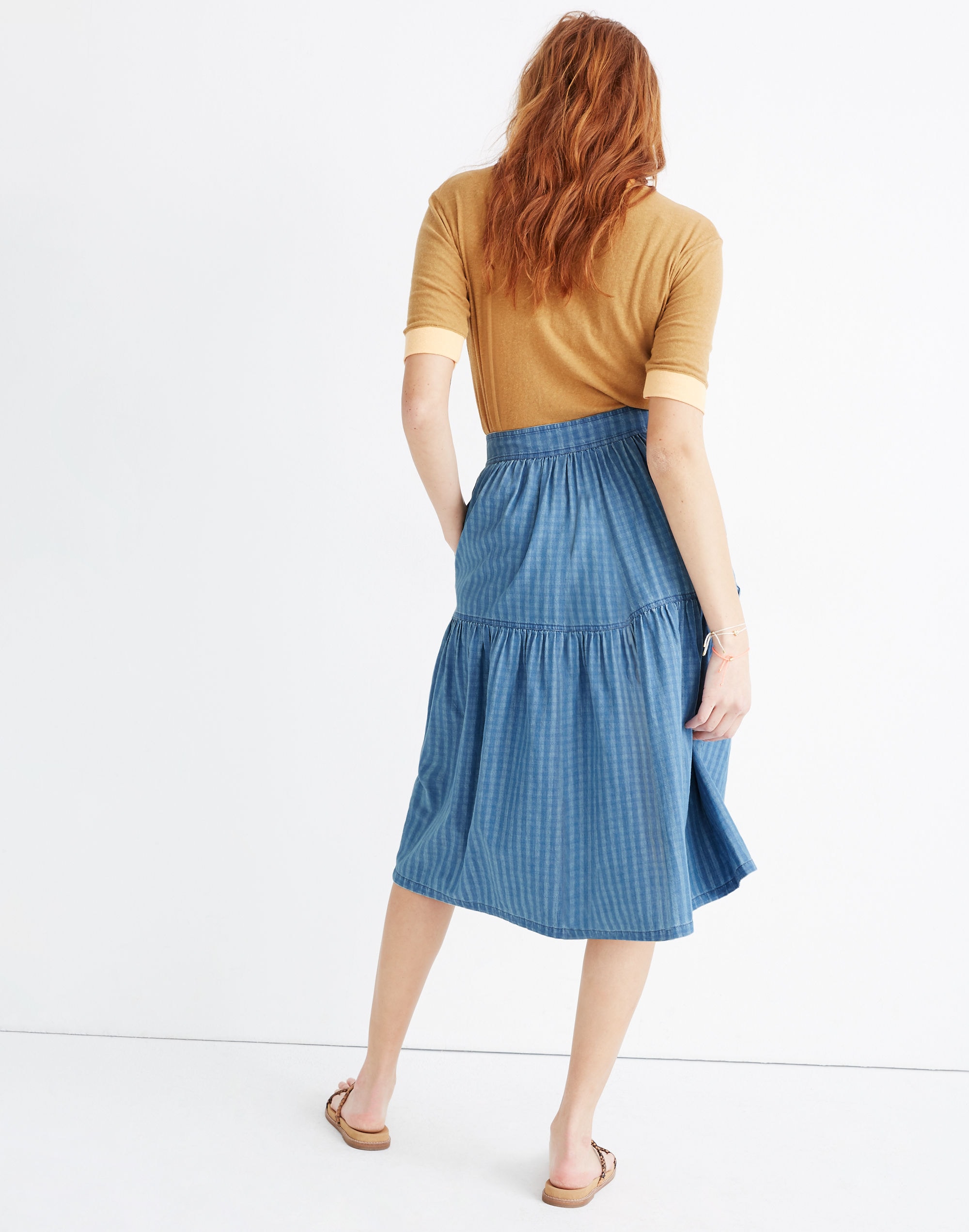 Button-Front Tiered Midi Skirt in Indigo Gingham Check