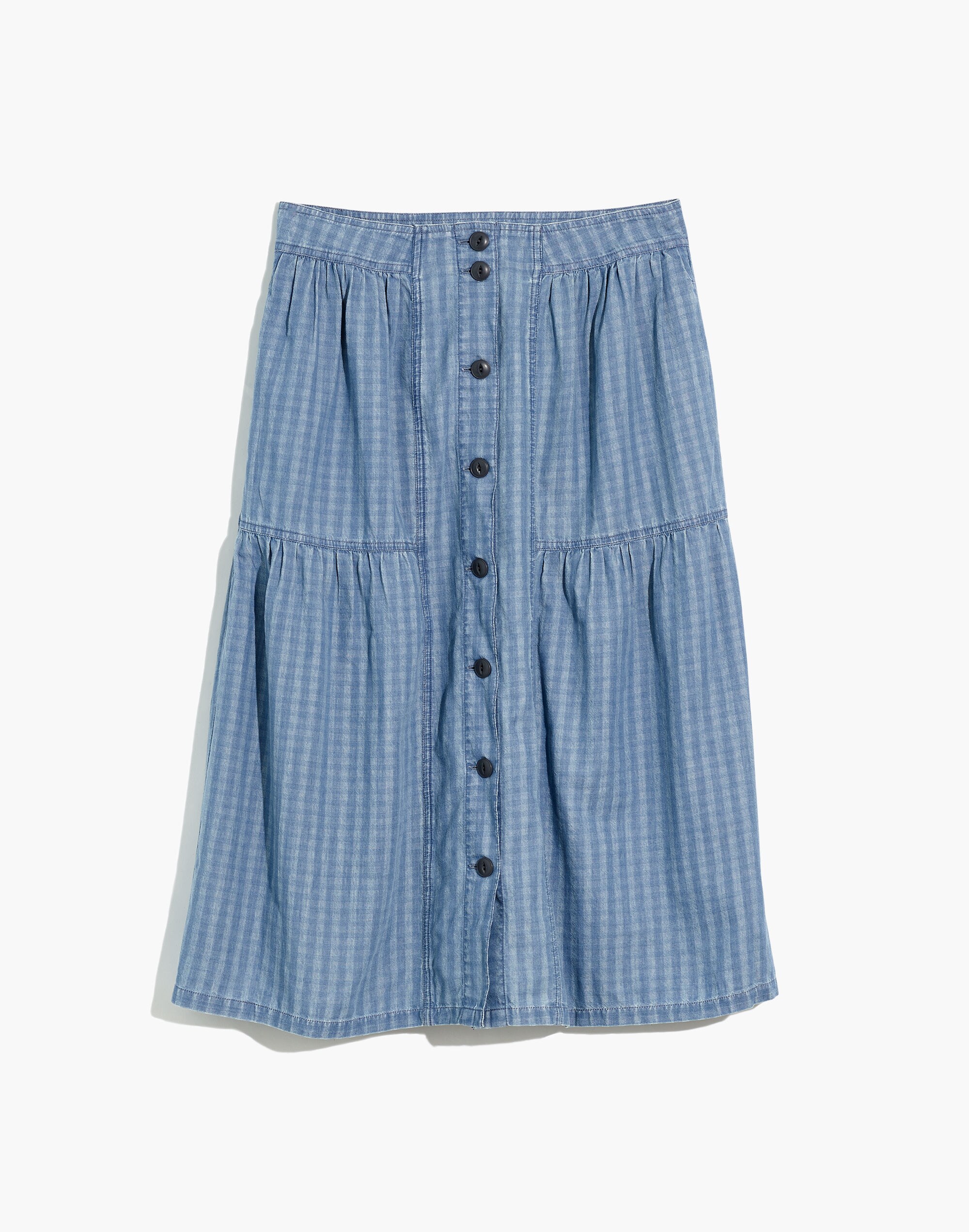 Button-Front Tiered Midi Skirt in Indigo Gingham Check