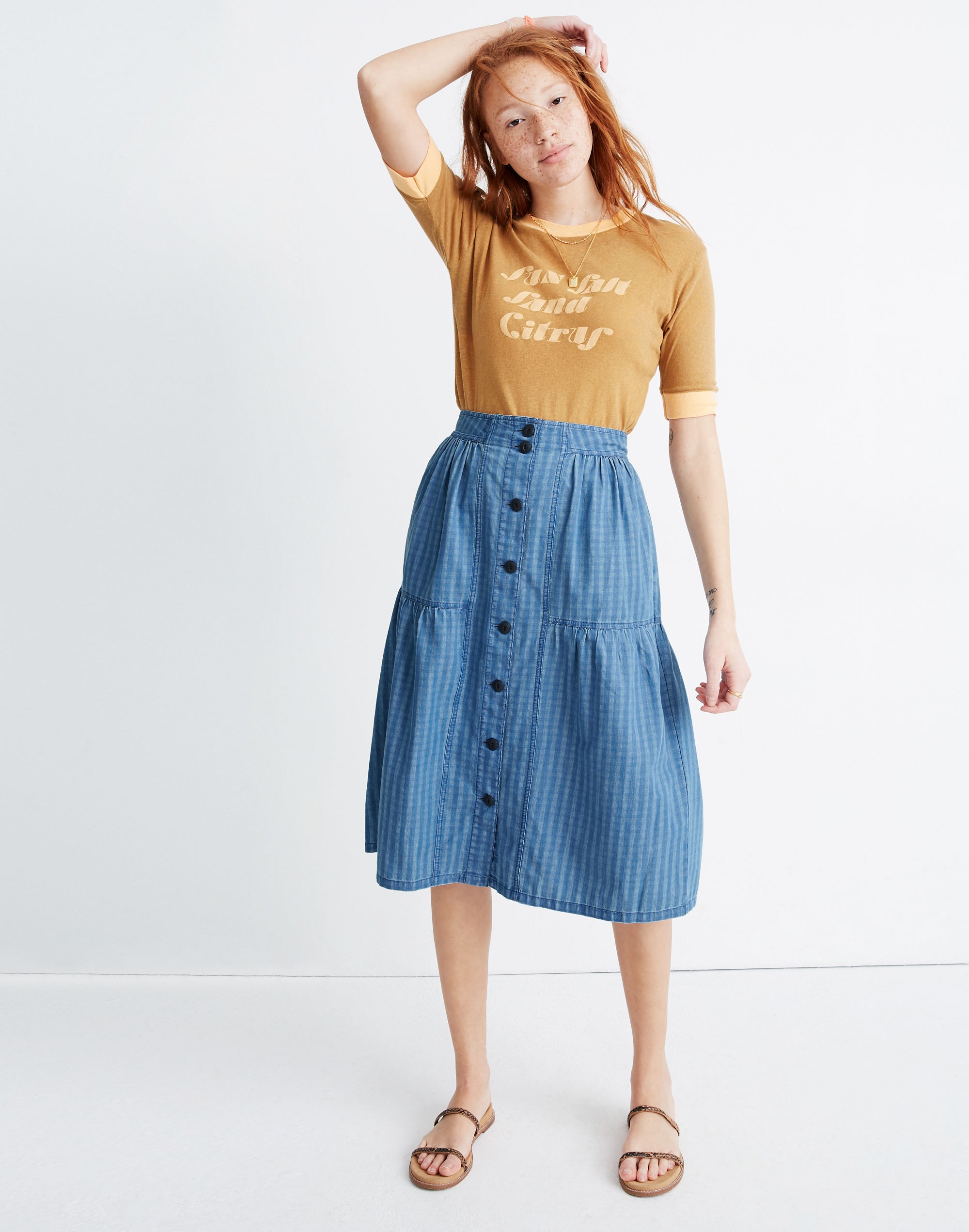 button-front tiered midi skirt in indigo gingham check