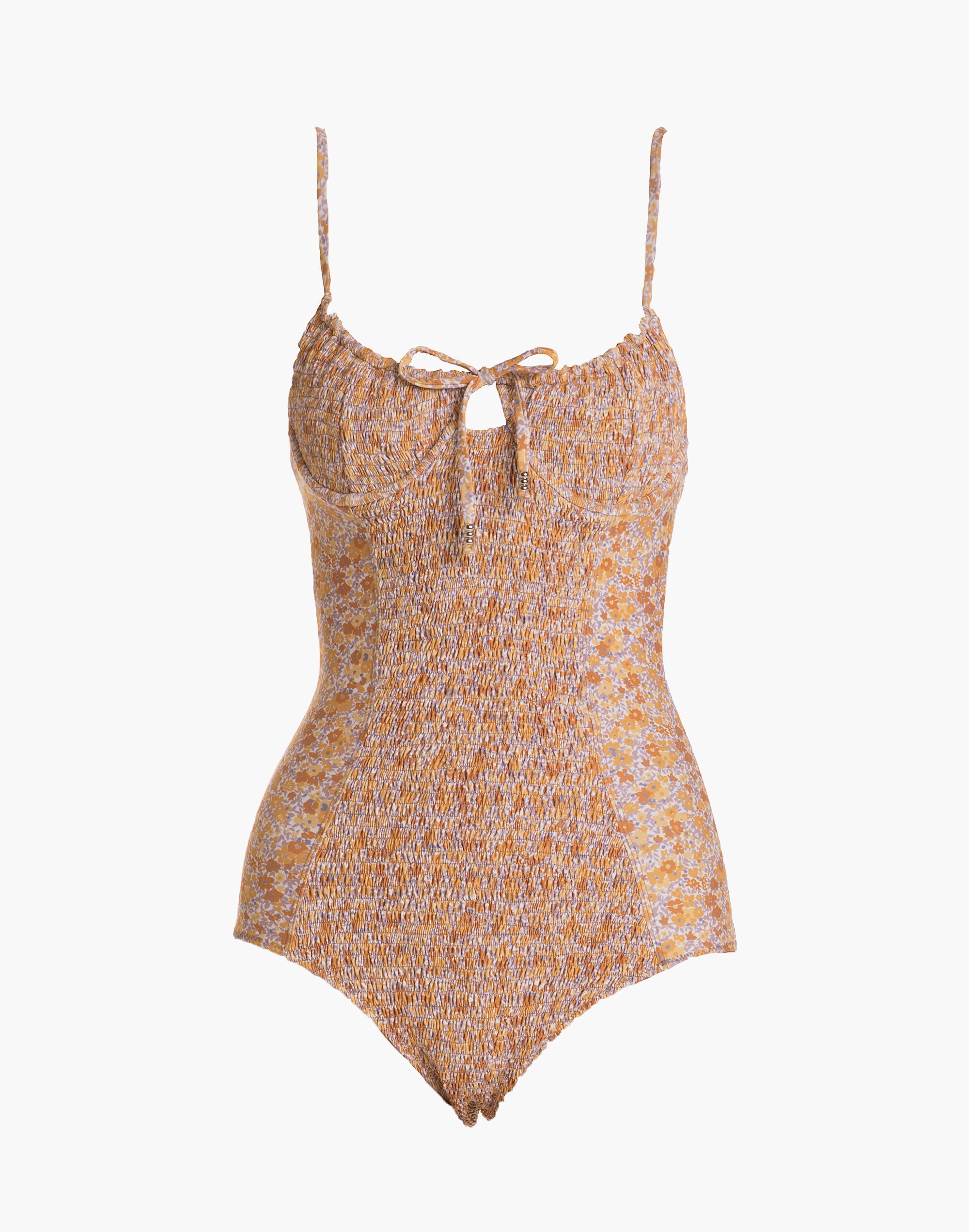 Palm Lenny Smocked One-Piece Swimsuit in Marigold Floral