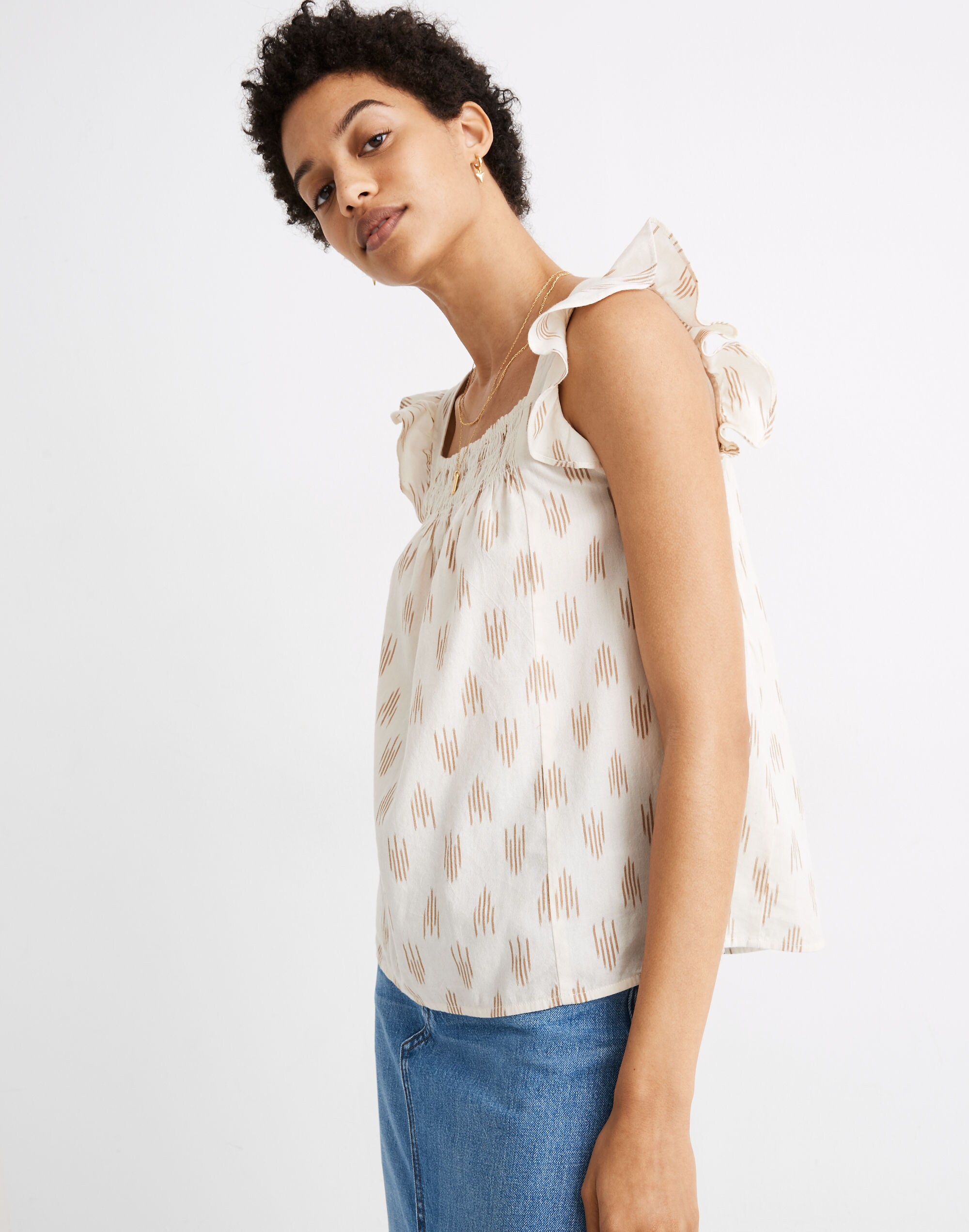 Smocked Ruffle-Strap Tank Top in Ikat