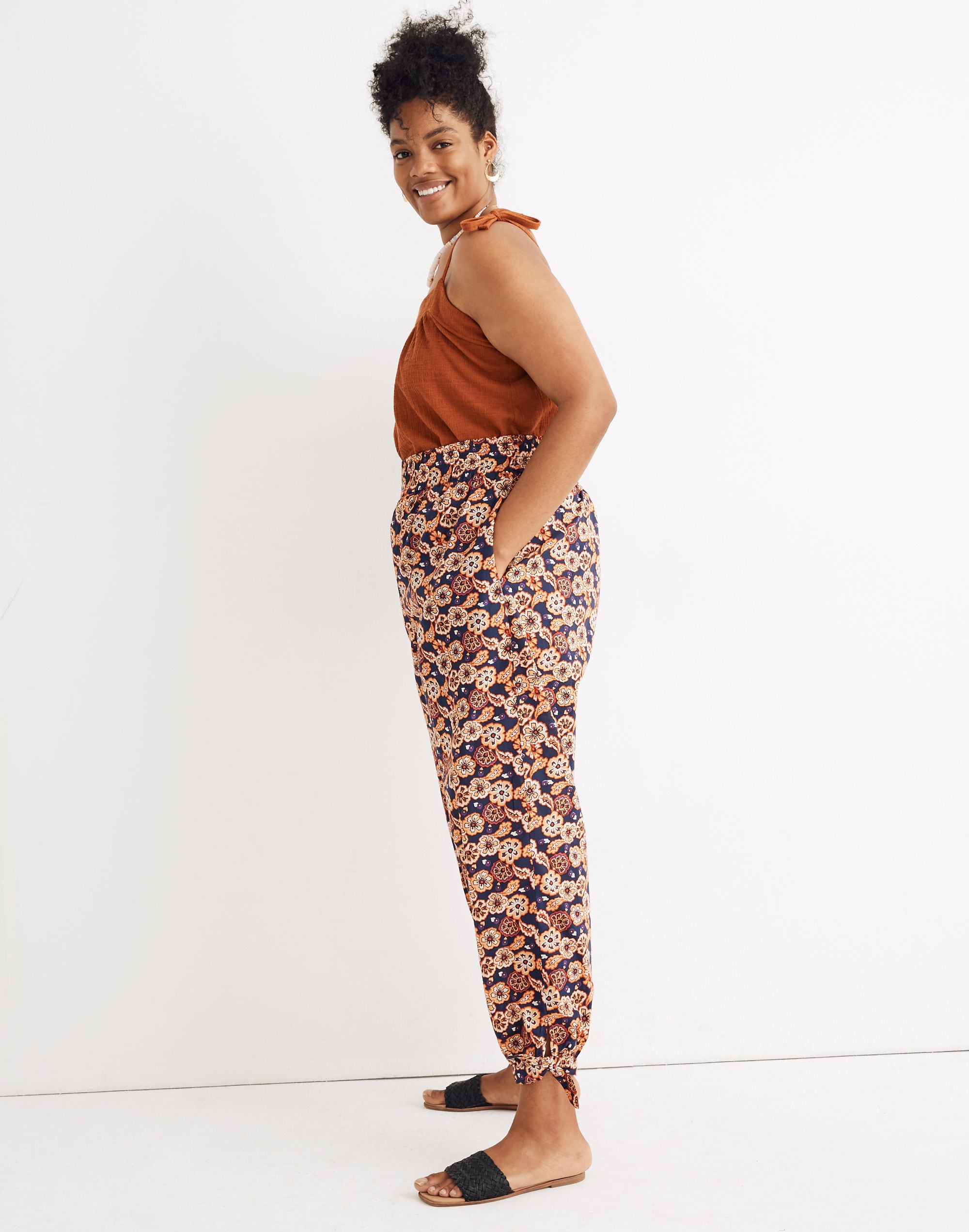 Madewell x Banjanan Smocked Ankle-Tie Pants in Floral Paisley
