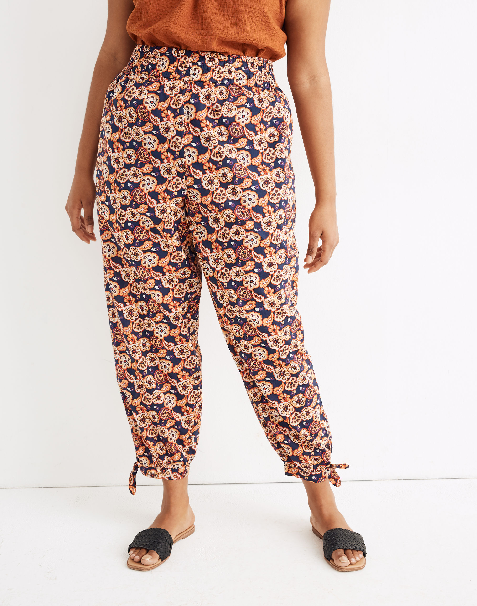 Madewell x Banjanan Smocked Ankle-Tie Pants in Floral Paisley