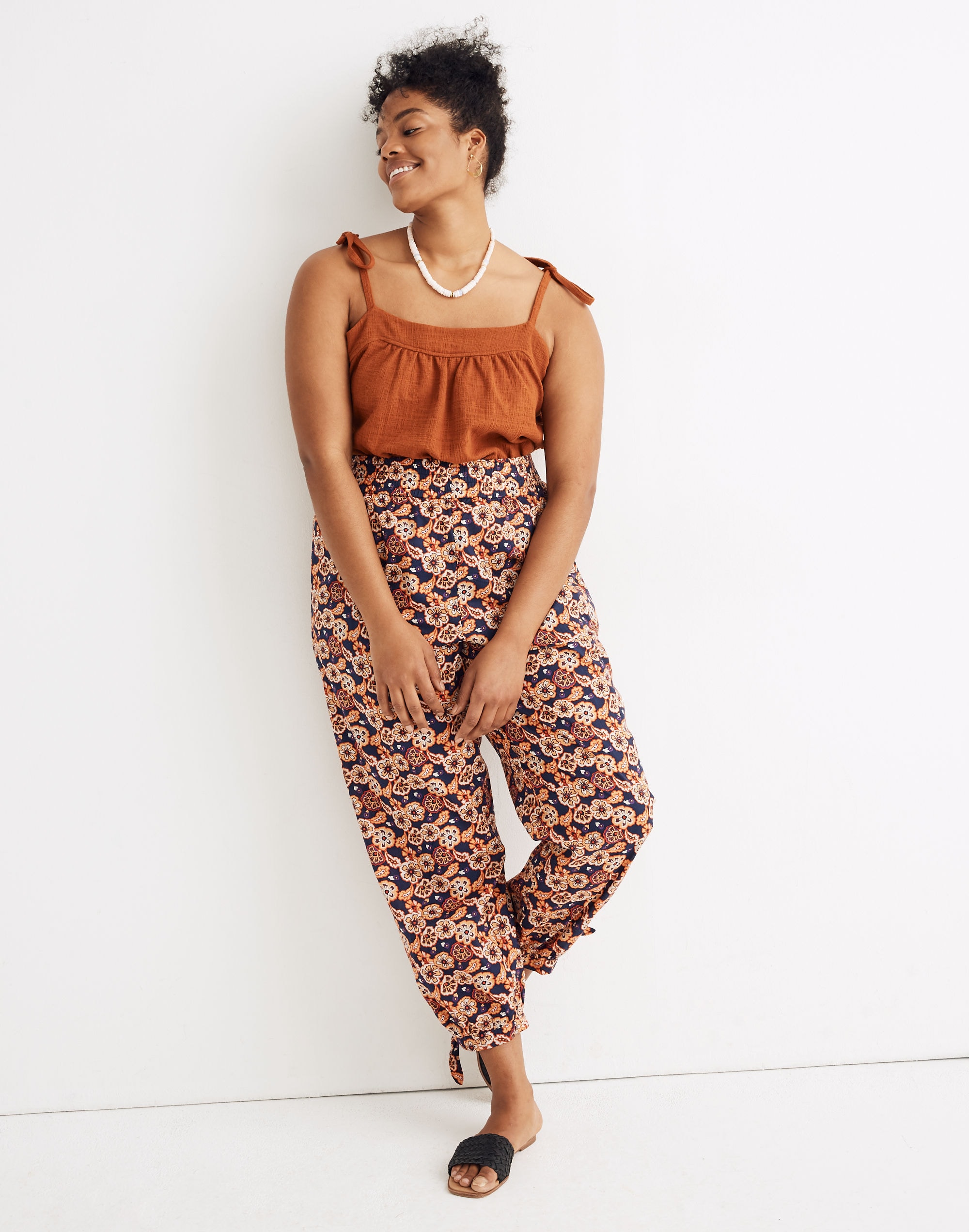 madewell x banjanan smocked ankle-tie pants in floral paisley