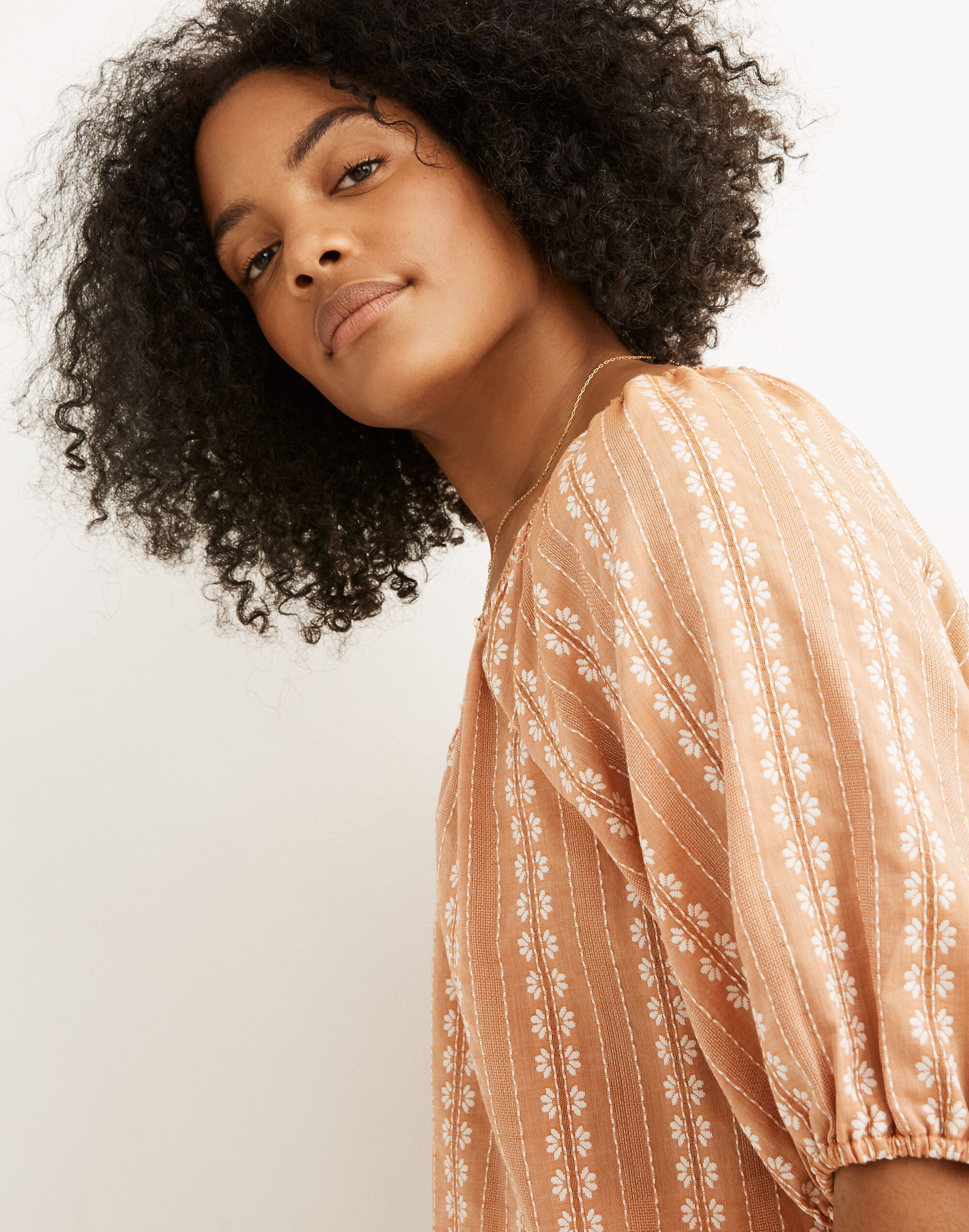 Puff-Sleeve Swing Top in Floral Striped Jacquard