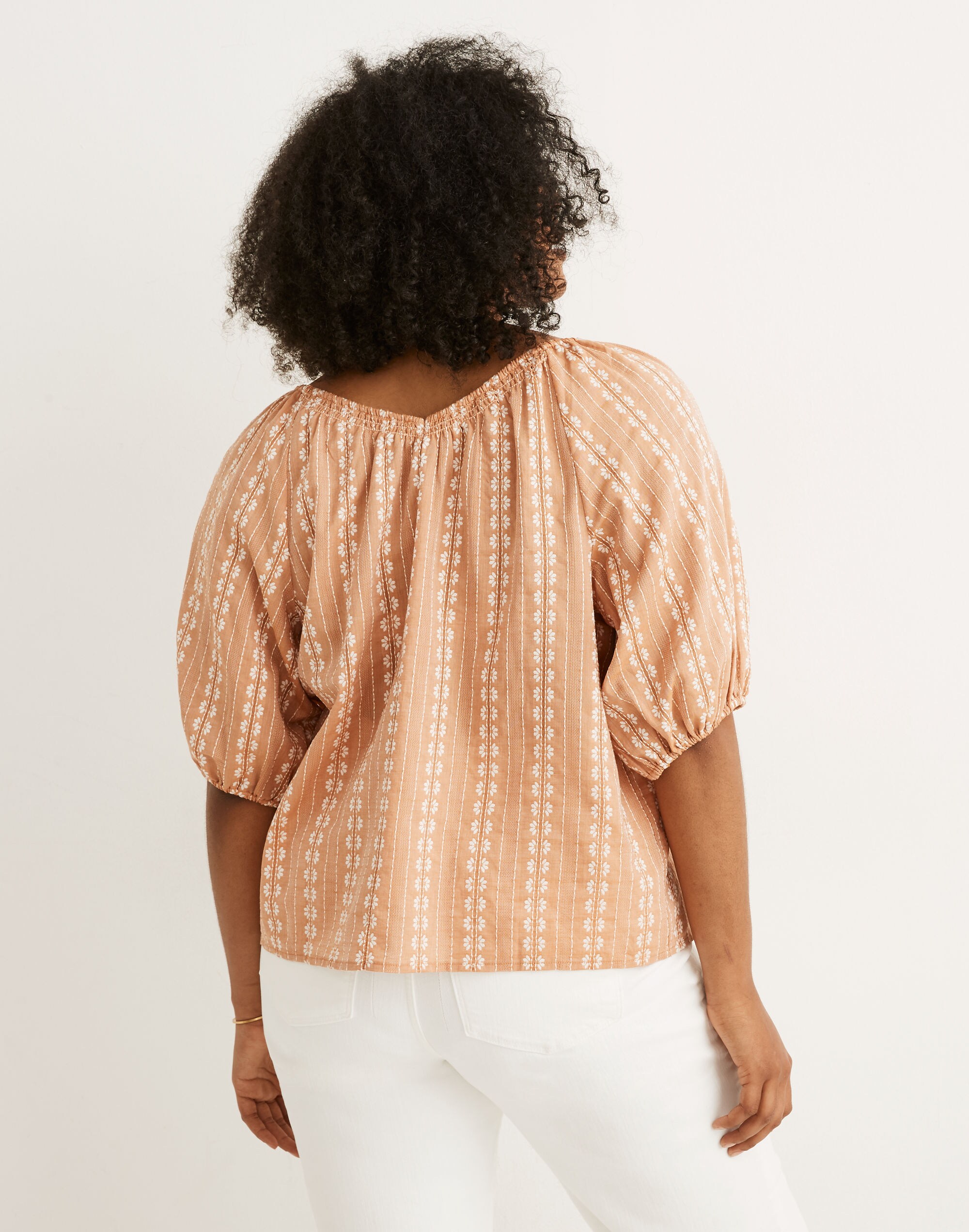 Puff-Sleeve Swing Top in Floral Striped Jacquard