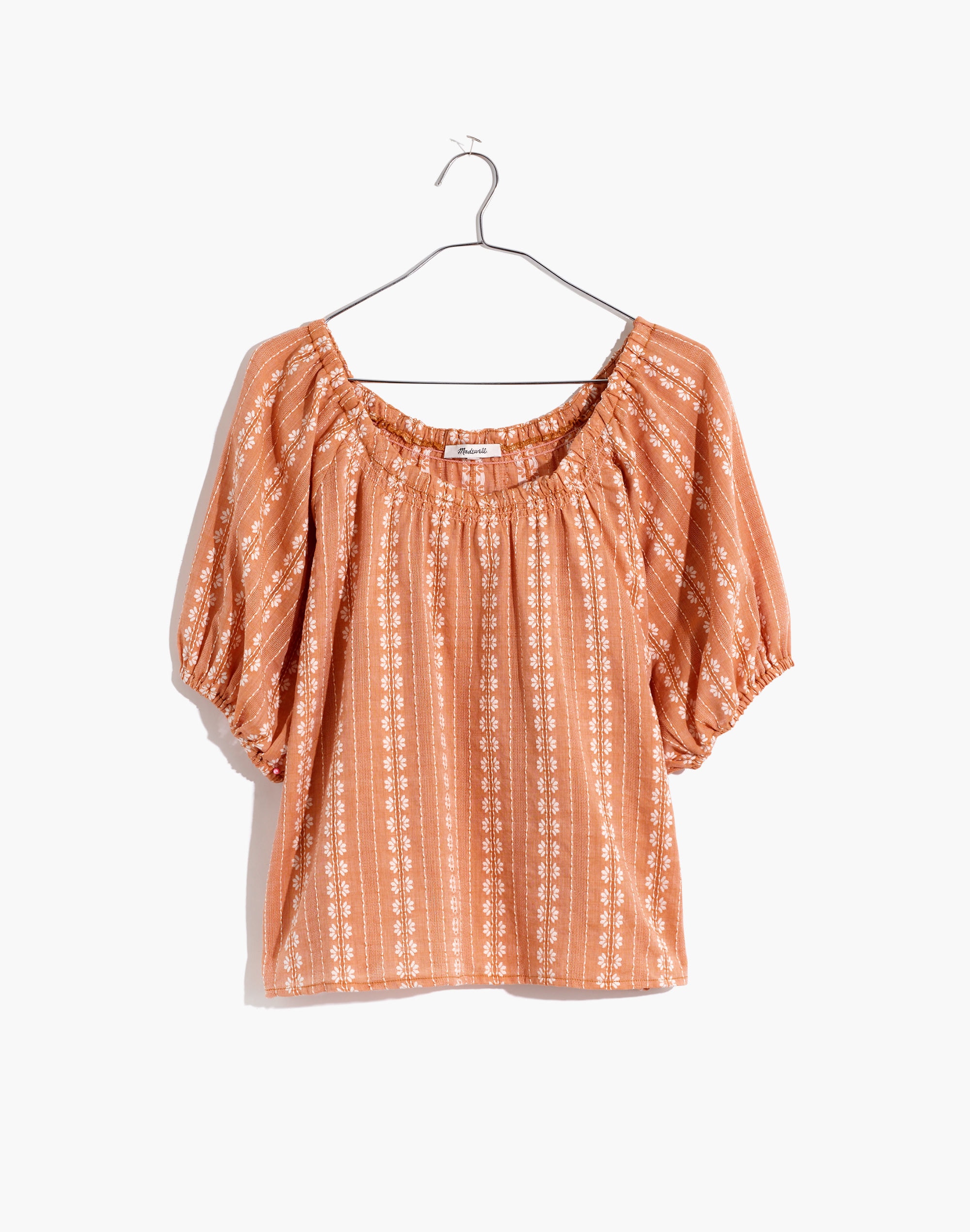 Puff-Sleeve Swing Top in Floral Striped Jacquard