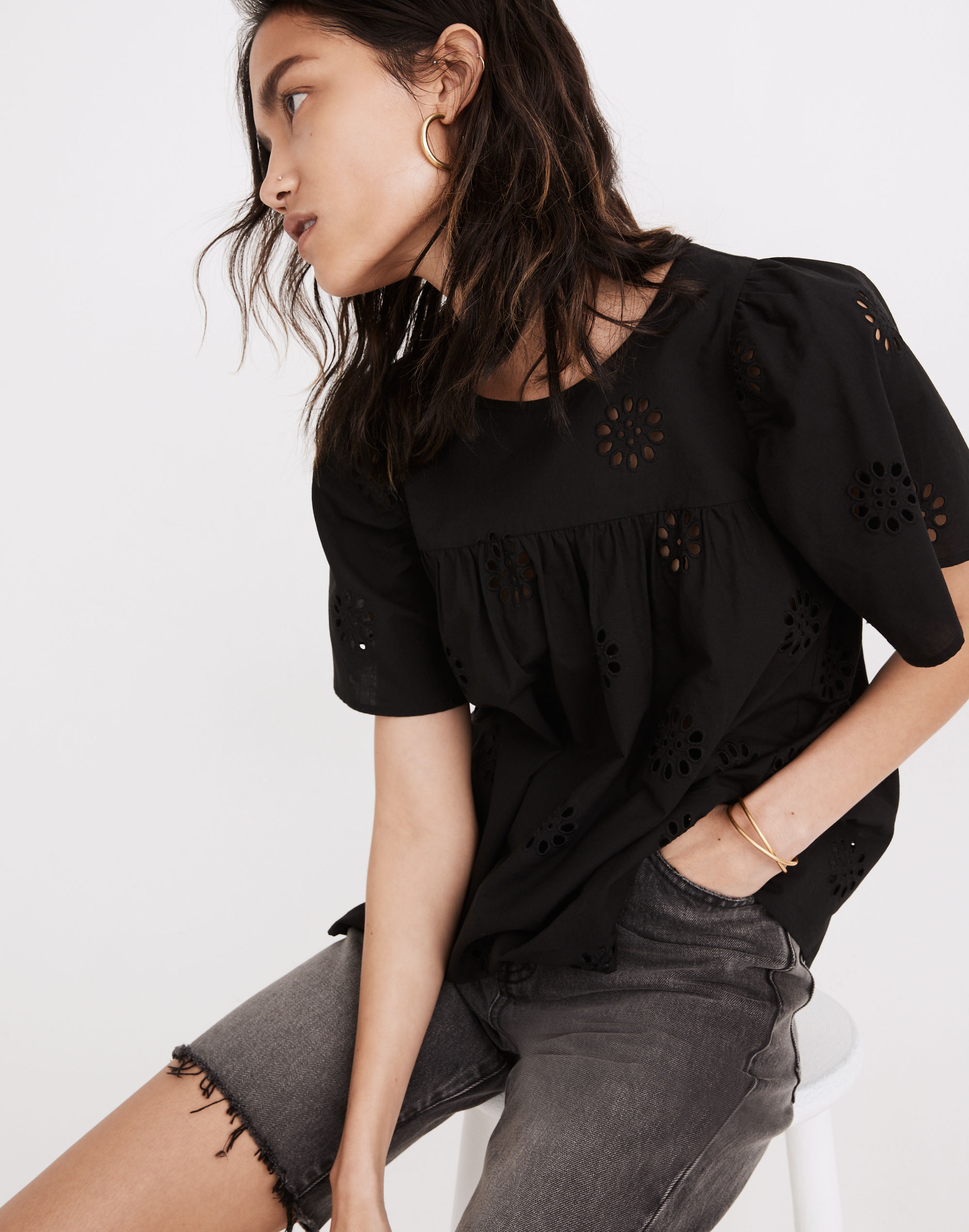Daisy Eyelet Flutter-Sleeve Yoke Top