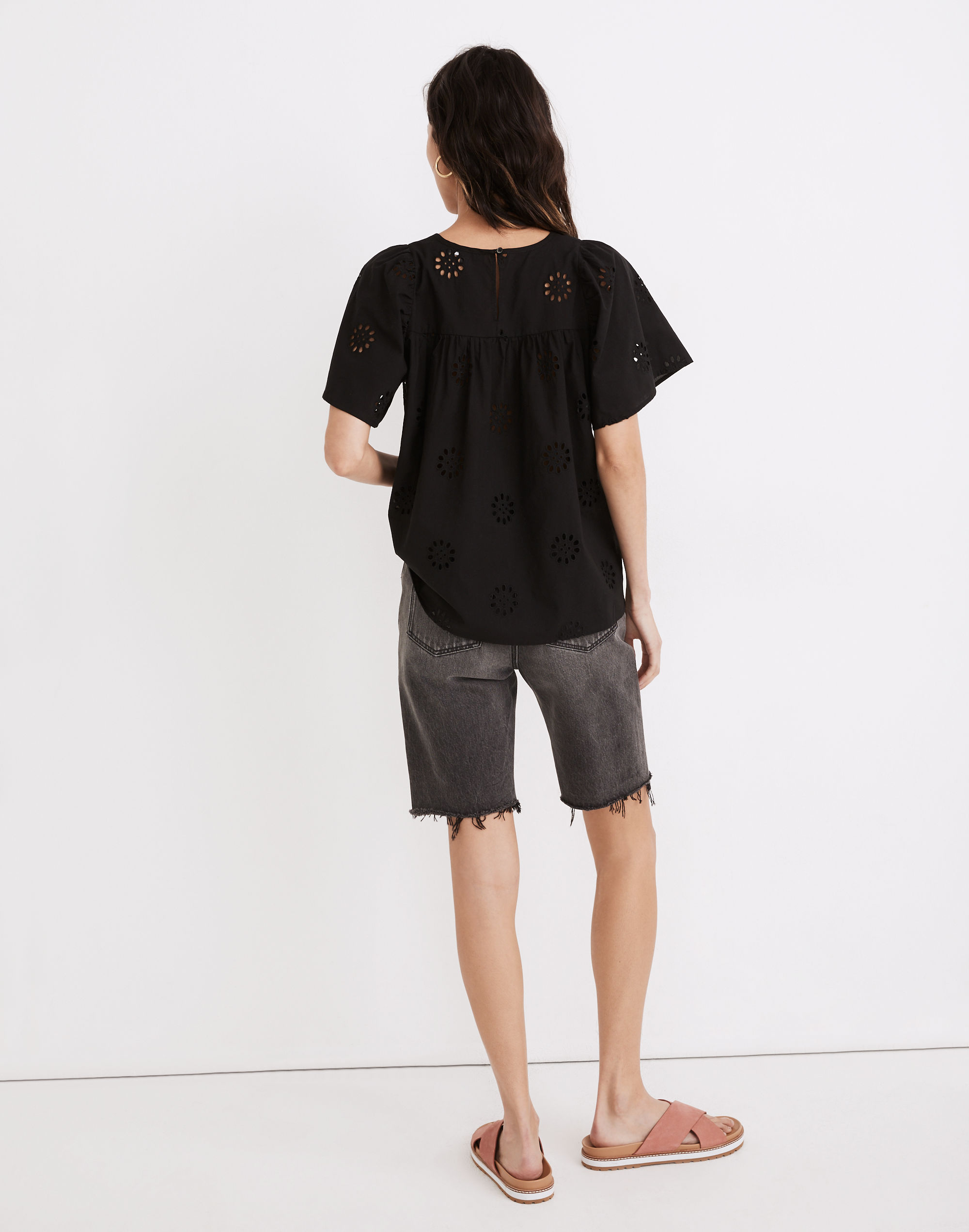 Daisy Eyelet Flutter-Sleeve Yoke Top