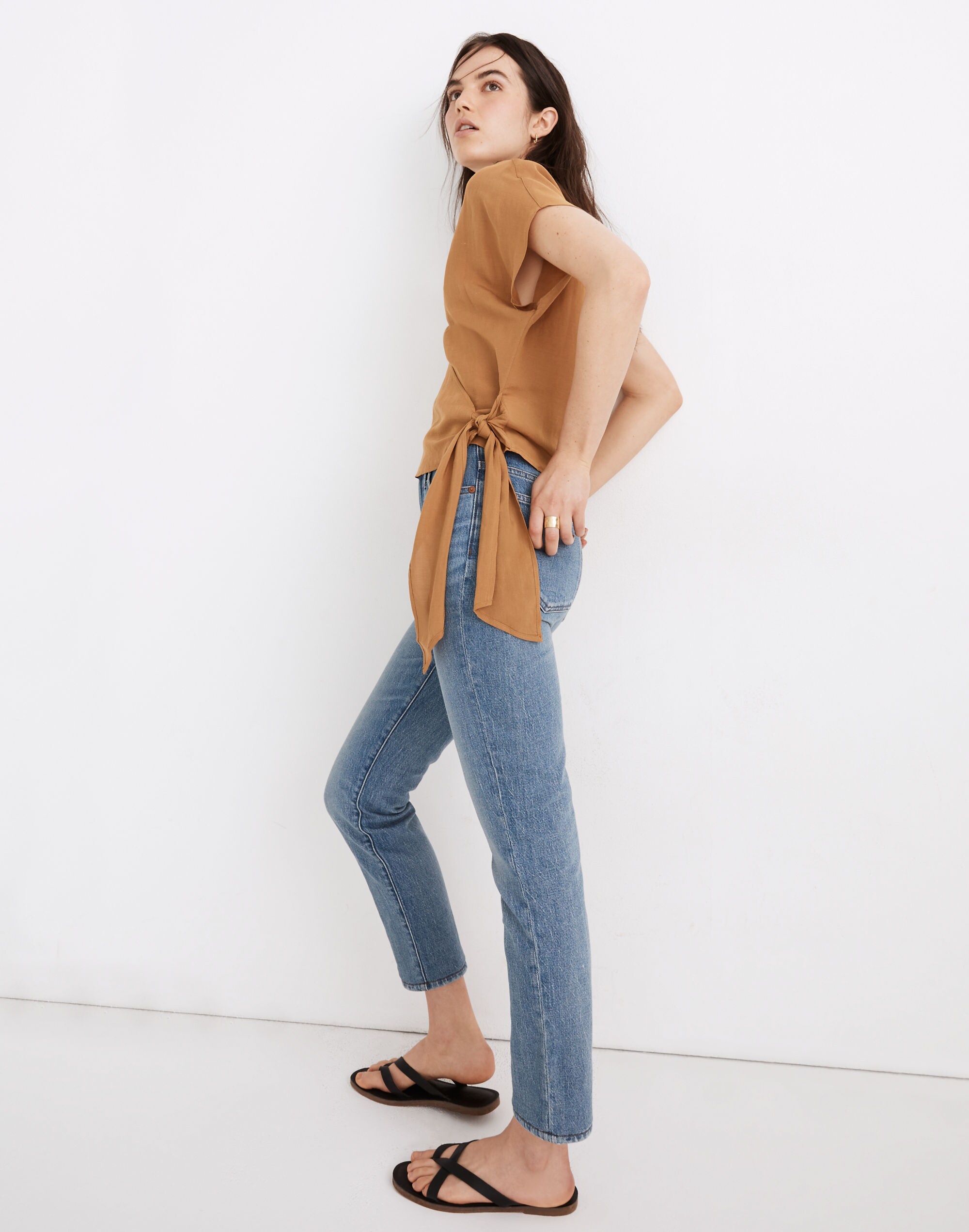 Linen-Blend Sash-Tie Wrap Top