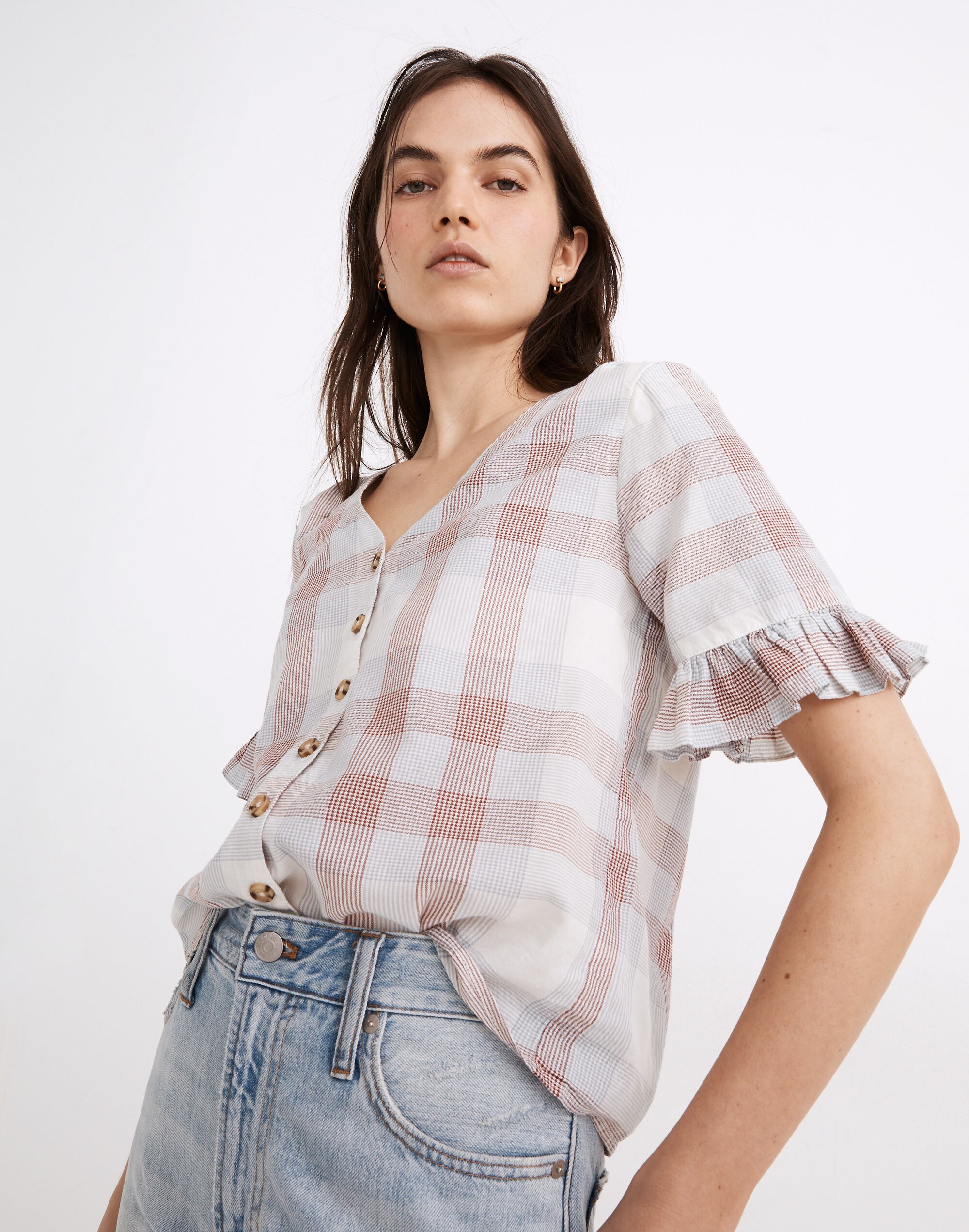 Village Ruffle-Sleeve Shirt in Plaid