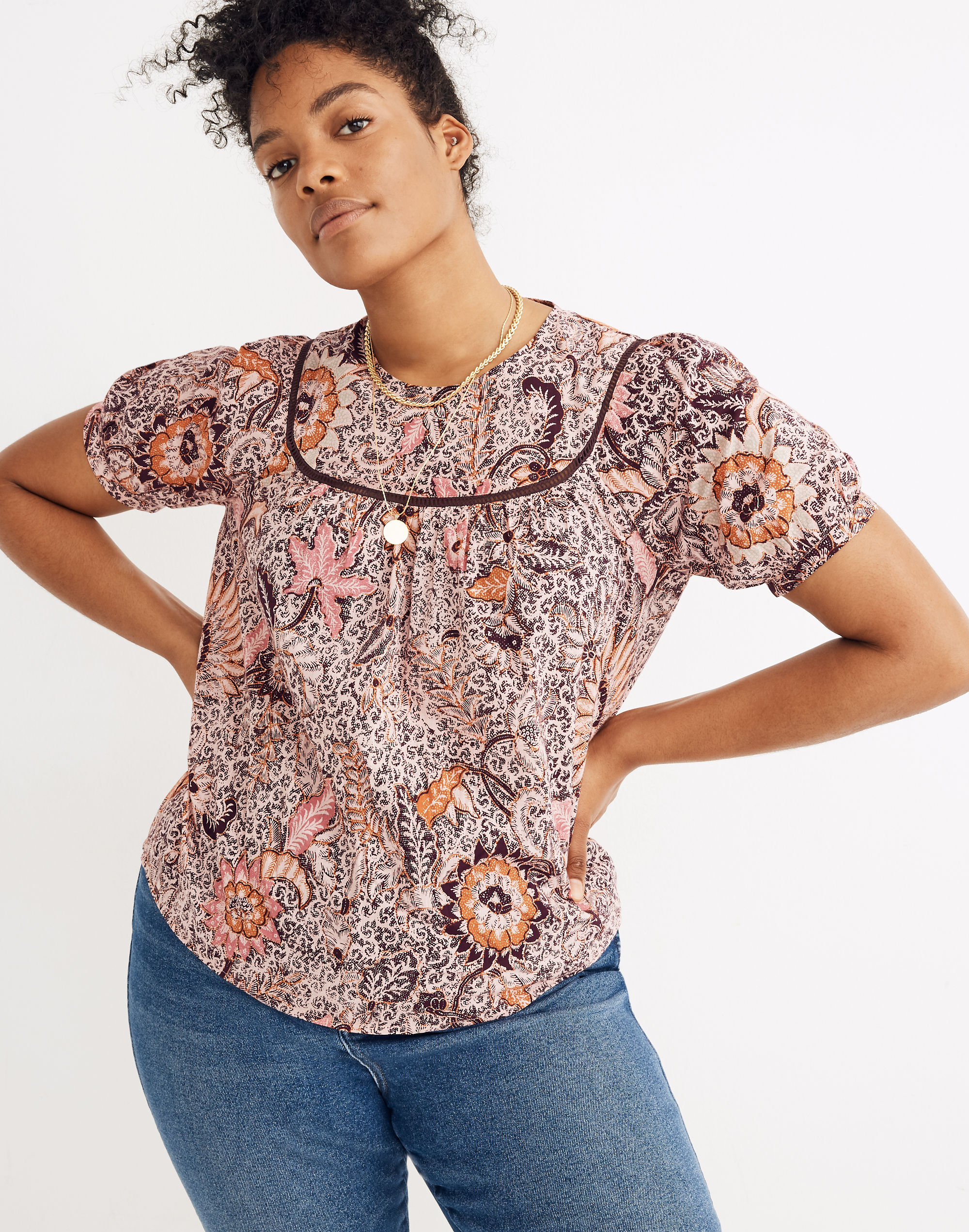 Yoked Puff-Sleeve Top in Bali Blooms