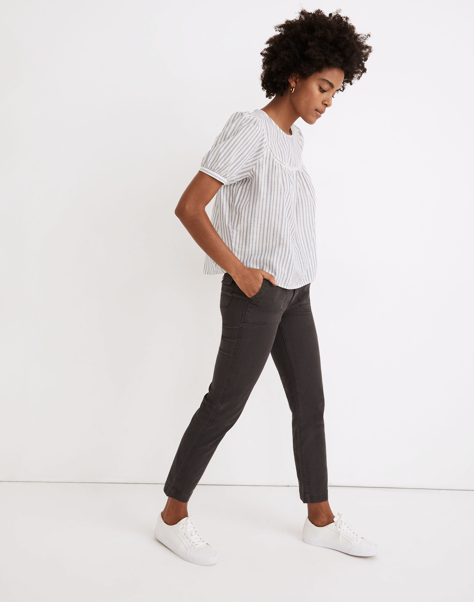 Yoked Puff-Sleeve Top in Stripe