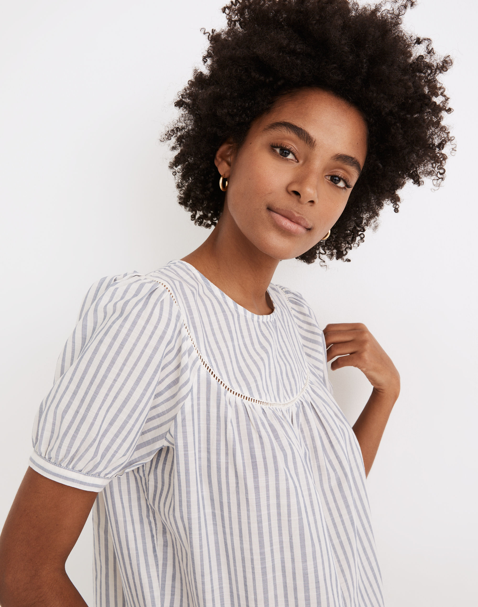 Yoked Puff-Sleeve Top in Stripe