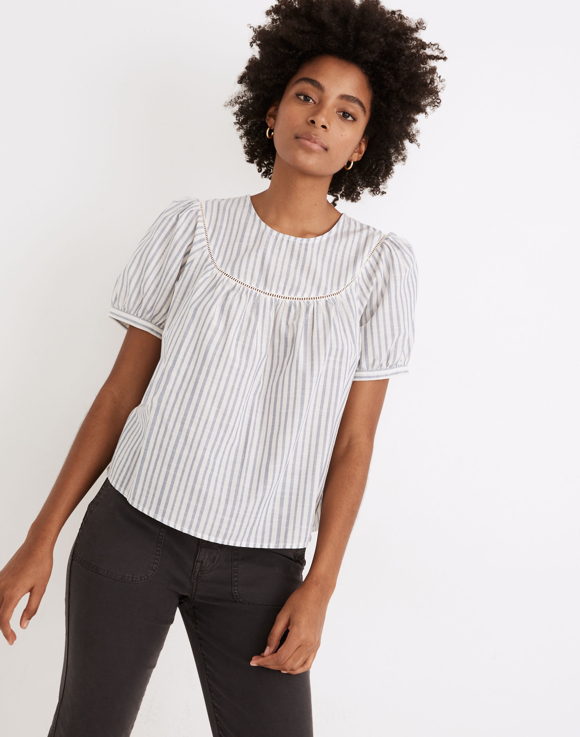Yoked Puff-Sleeve Top in Stripe