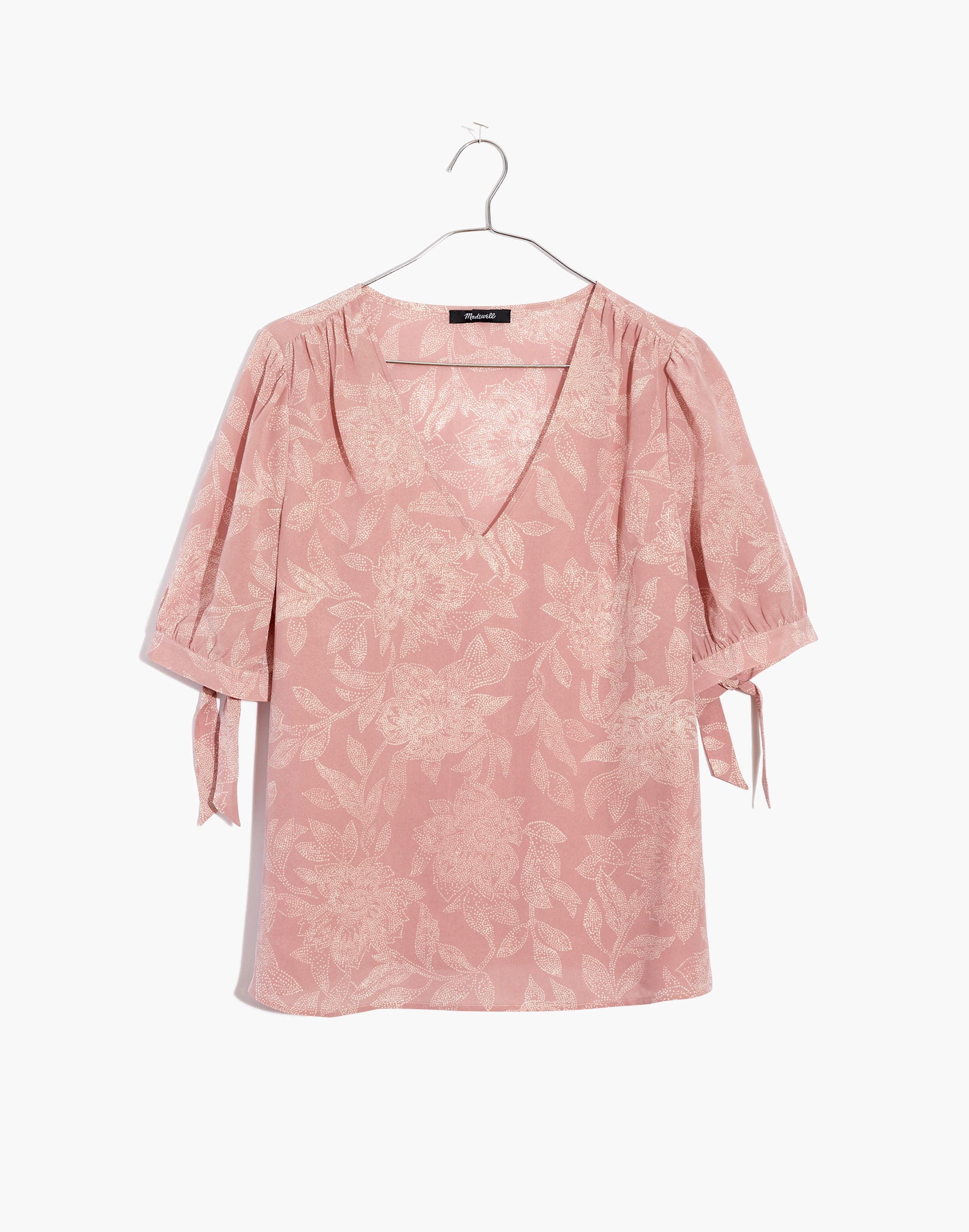 Silk V-Neck Tie-Sleeve Top in Pindot Blooms