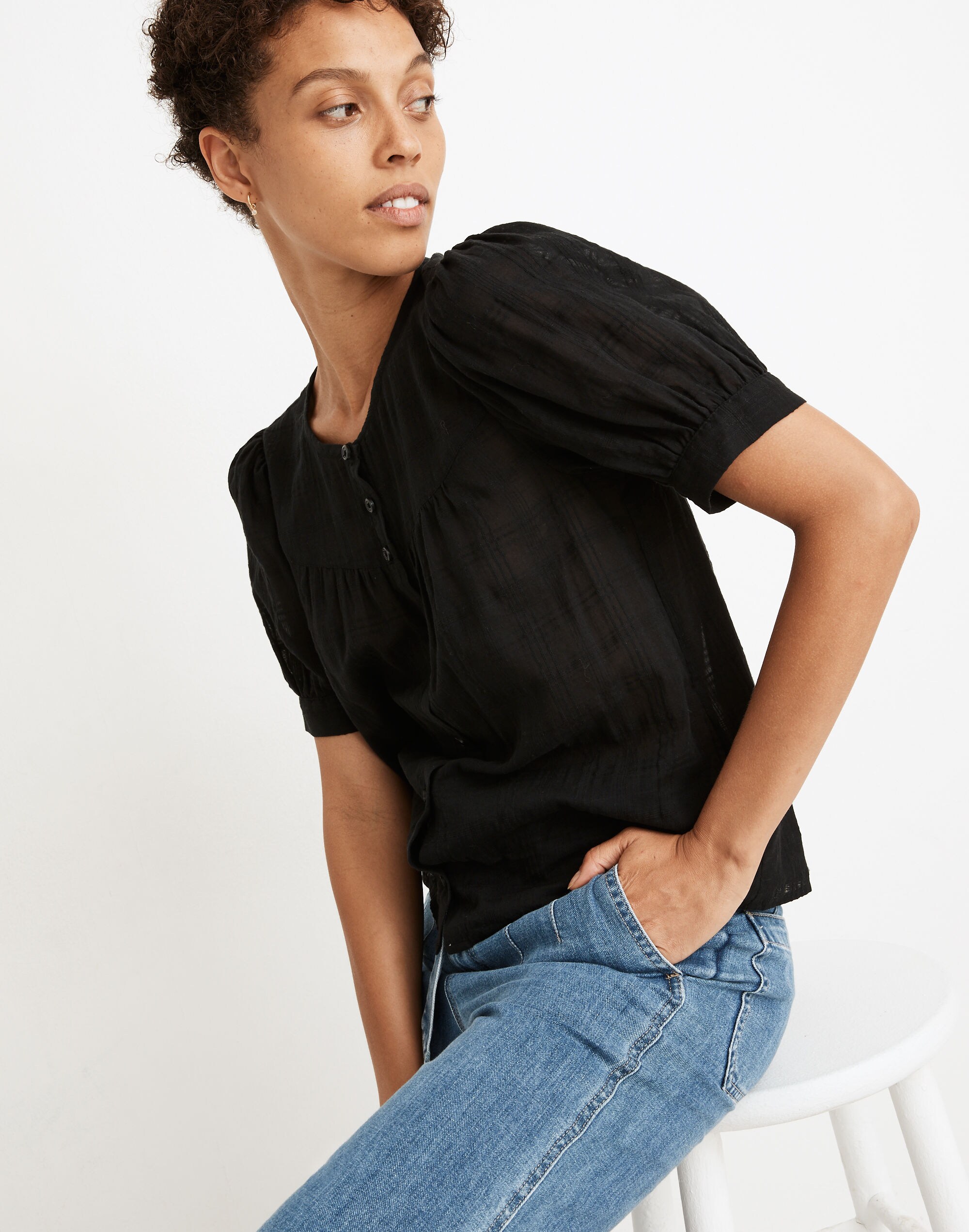 Puff-Sleeve Yoke Button-Front Top in Textured Plaid