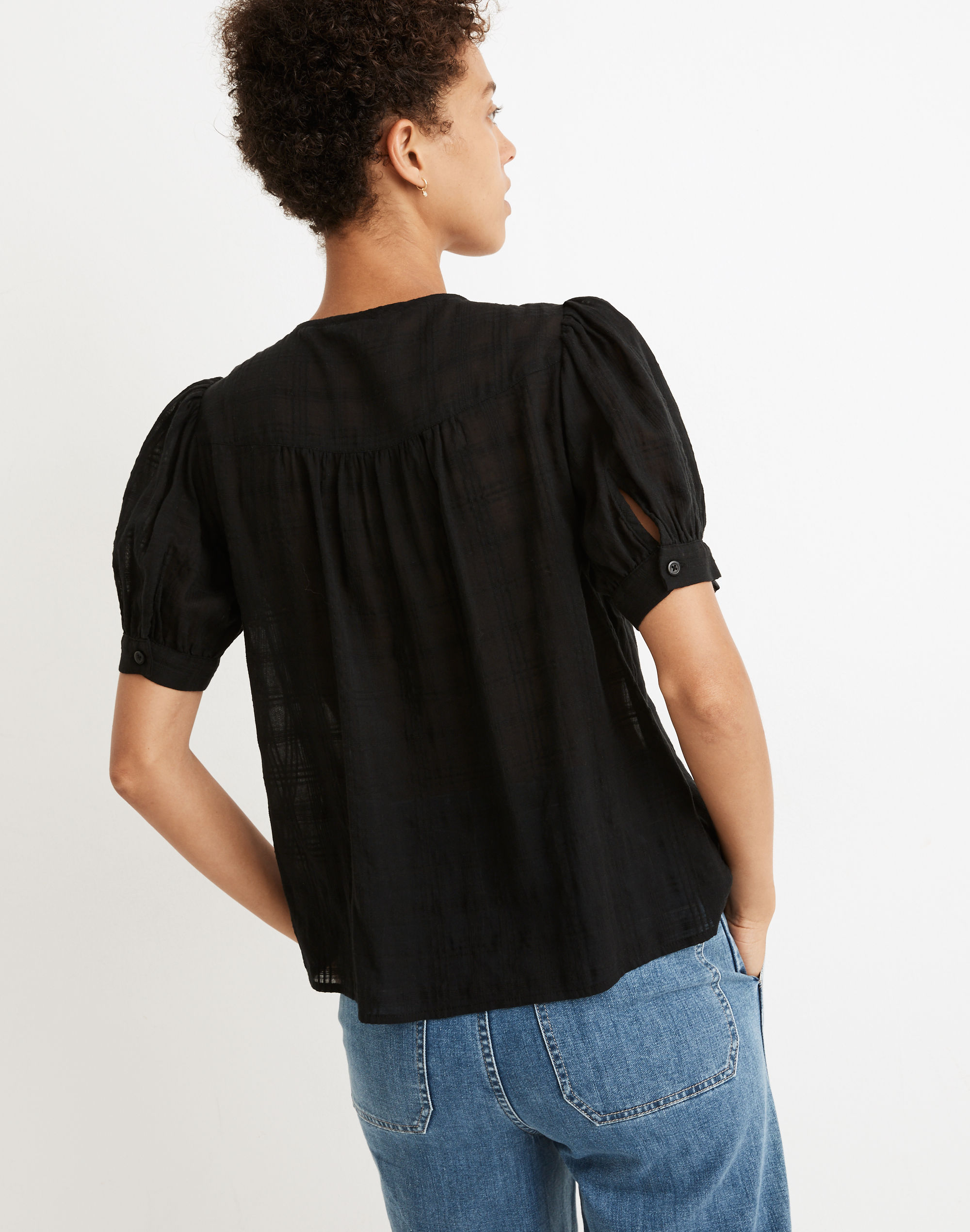 Puff-Sleeve Yoke Button-Front Top in Textured Plaid