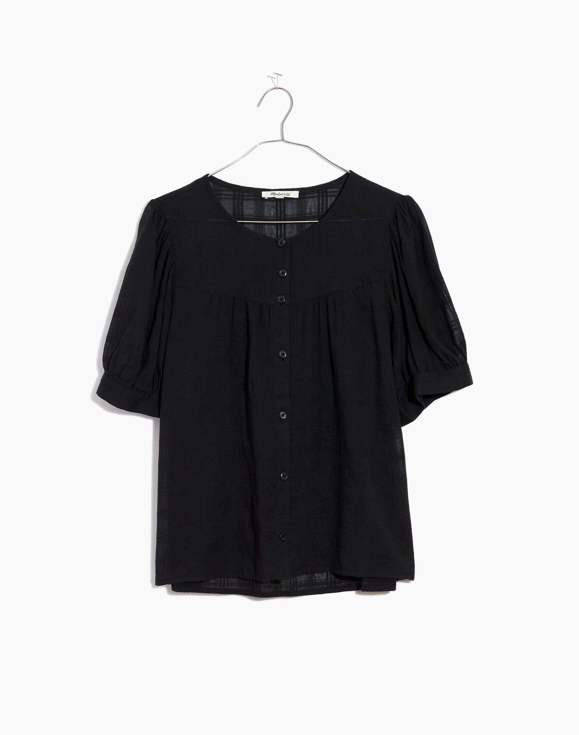 Puff-Sleeve Yoke Button-Front Top in Textured Plaid