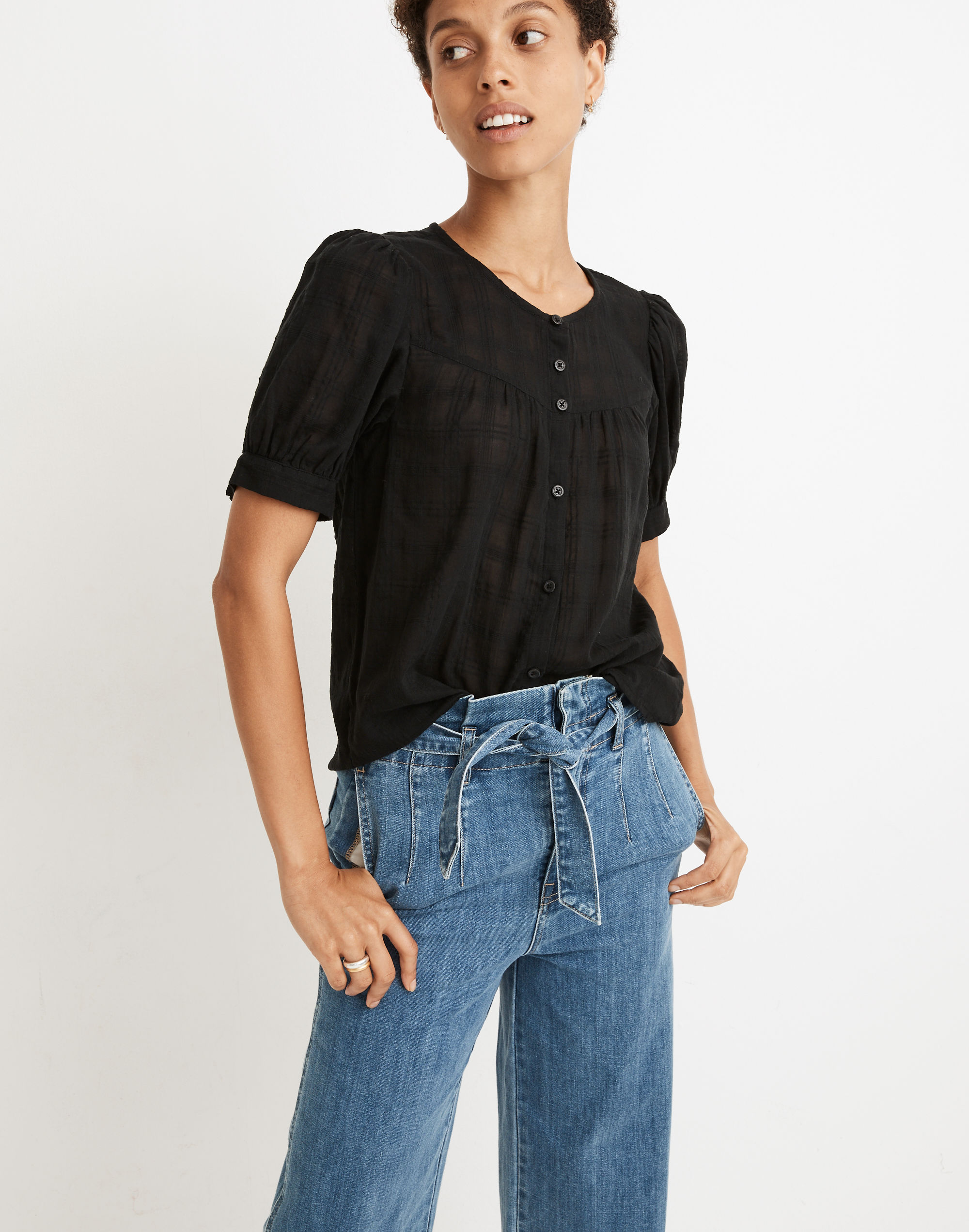 puff-sleeve yoke button-front top in textured plaid