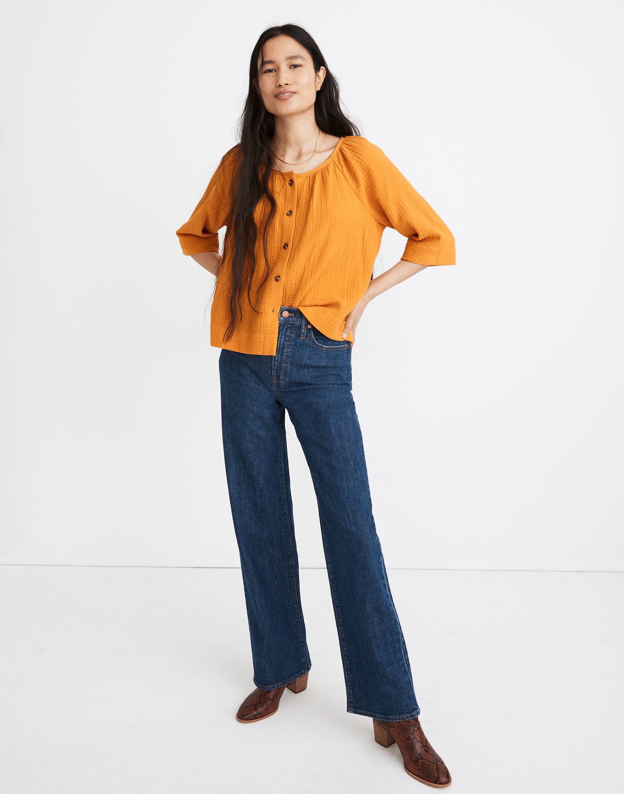 Gauze Button-Front Raglan Top