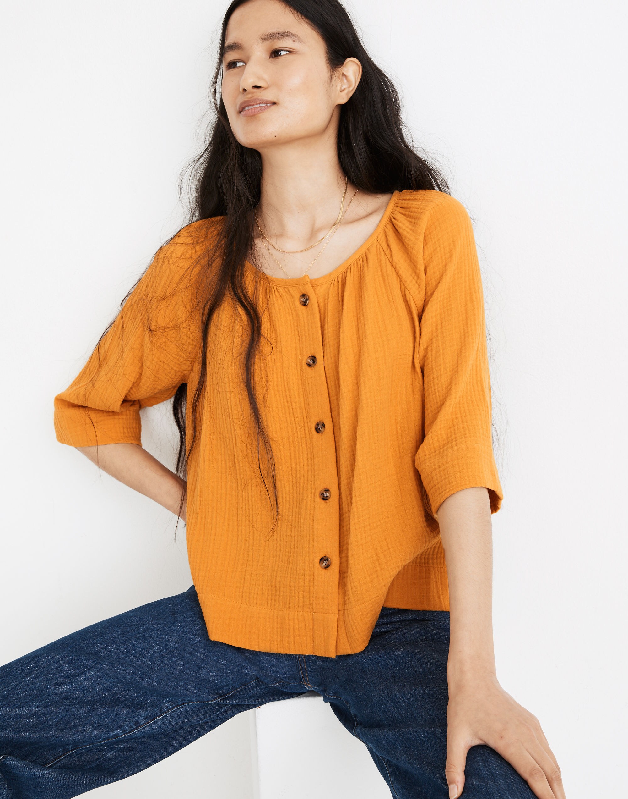 Gauze Button-Front Raglan Top