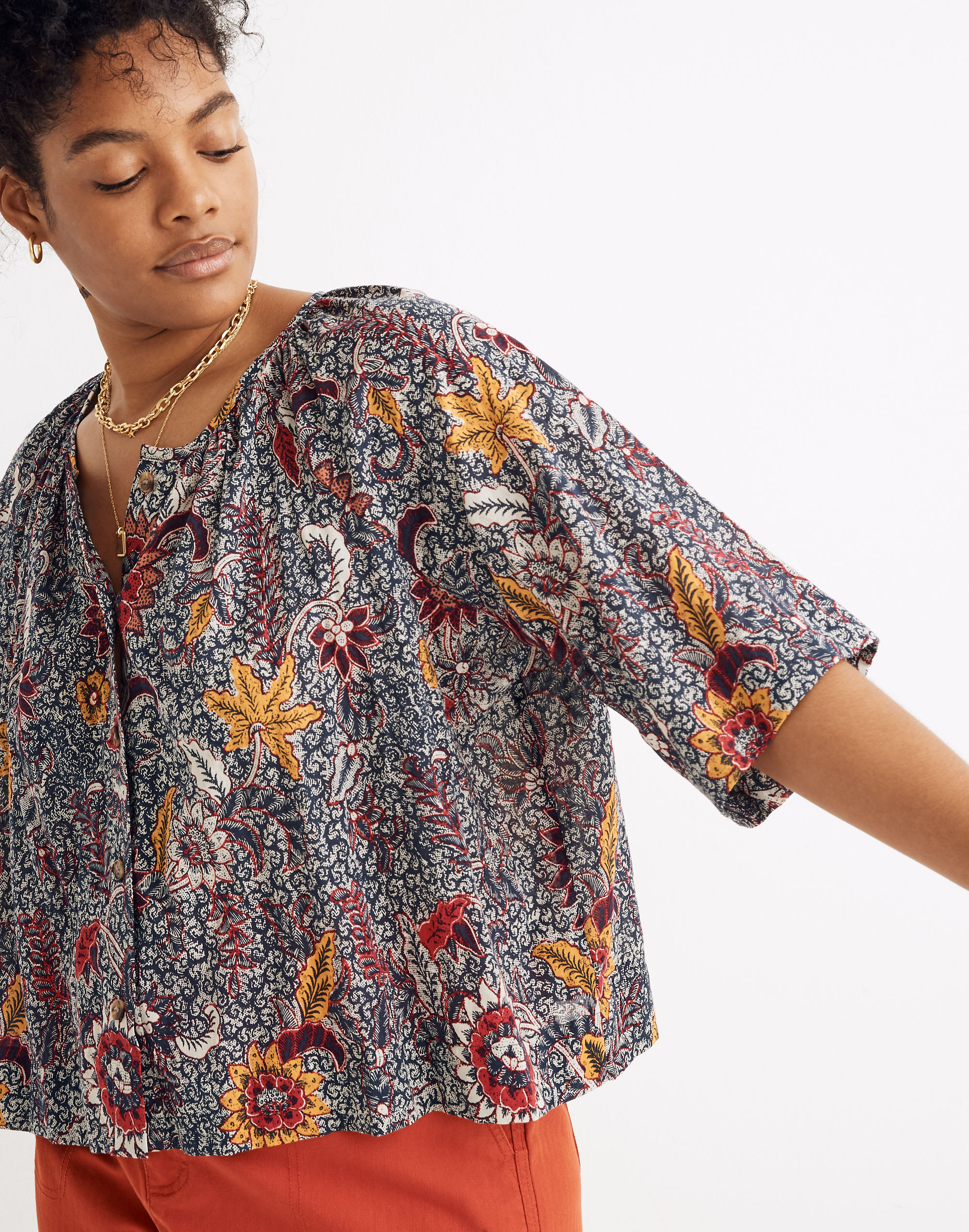 Button-Front Raglan Top in Bali Blooms