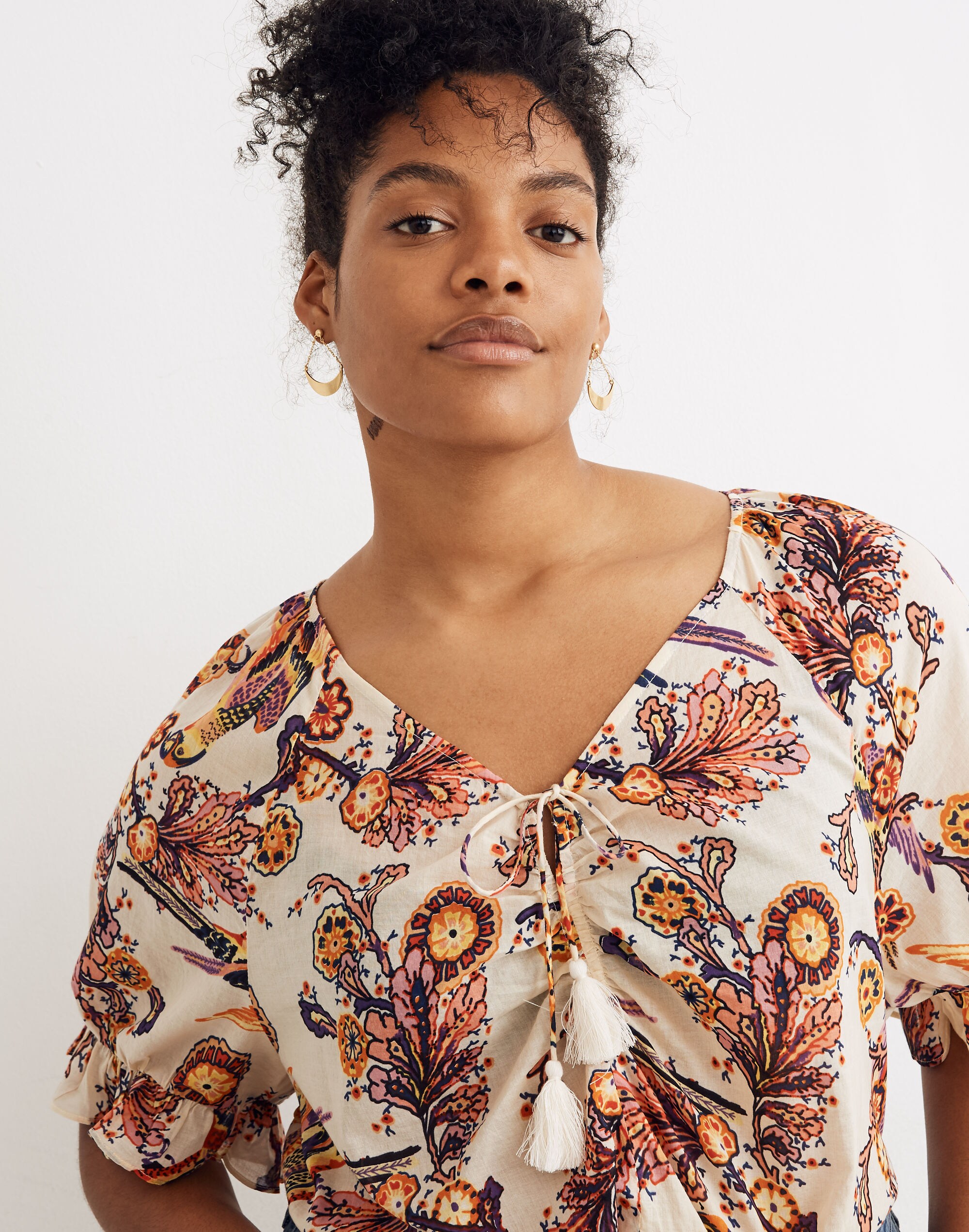 Madewell x Banjanan Ruffle-Sleeve Ruched Top in Bird Print
