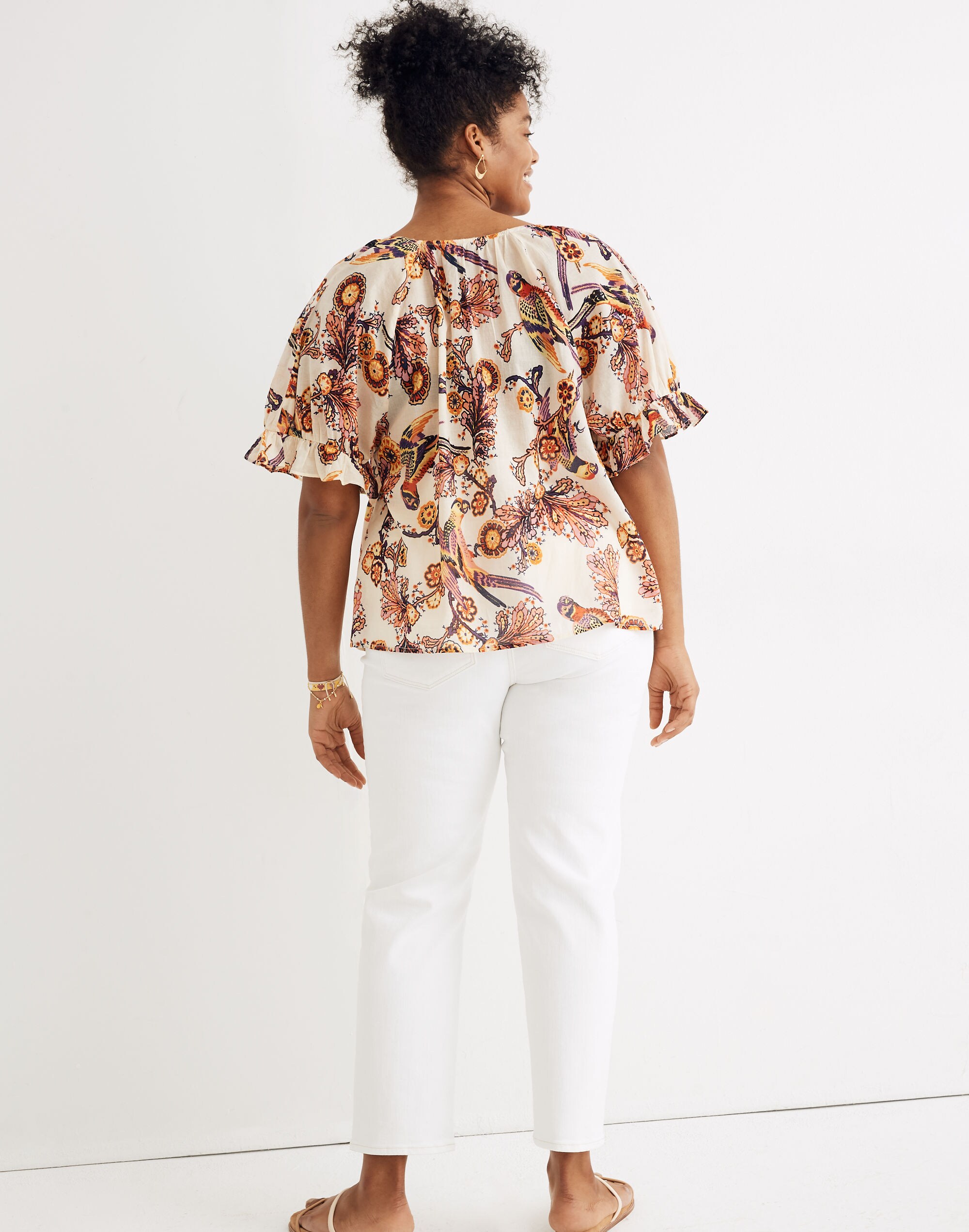 Madewell x Banjanan Ruffle-Sleeve Ruched Top in Bird Print