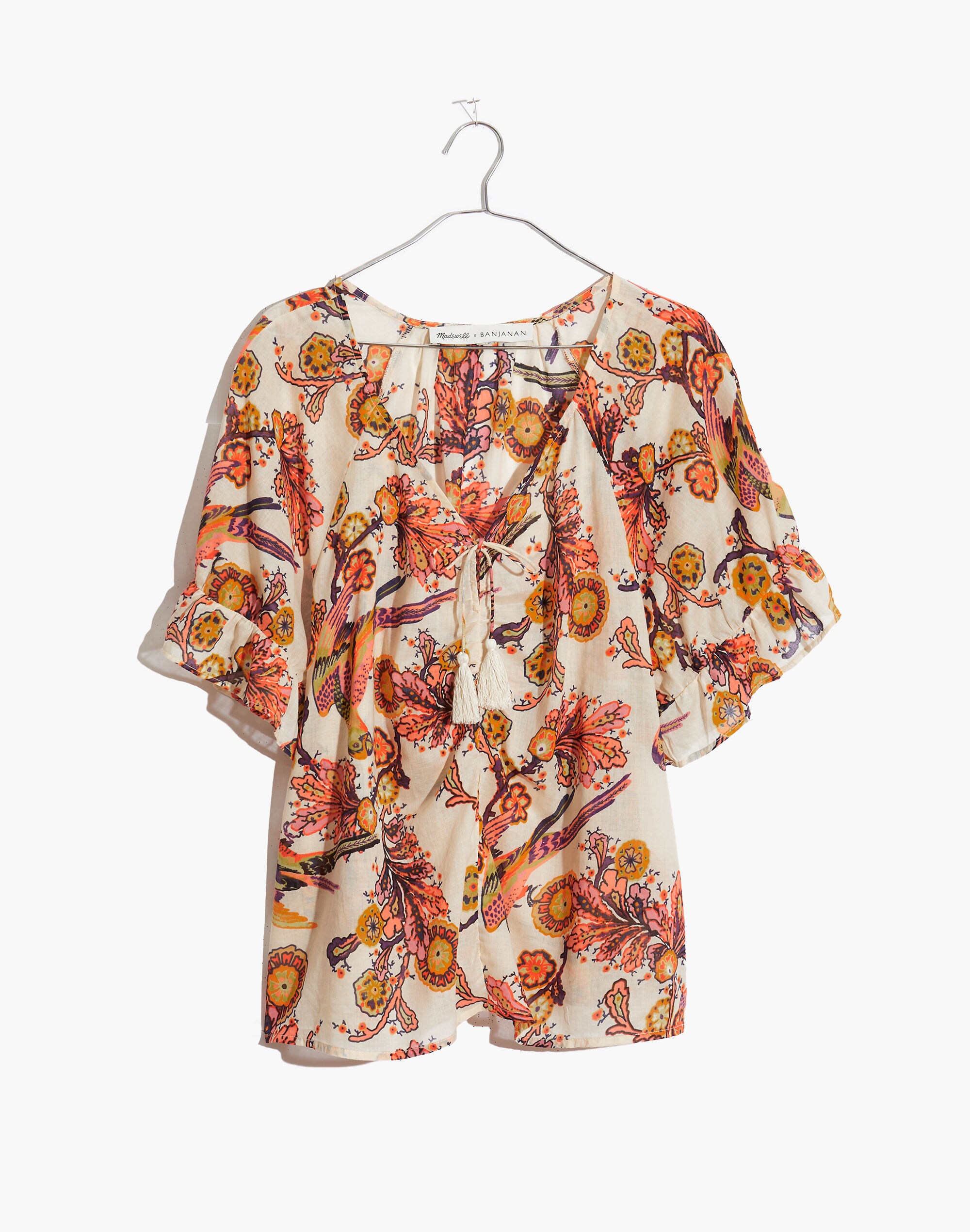 Madewell x Banjanan Ruffle-Sleeve Ruched Top in Bird Print