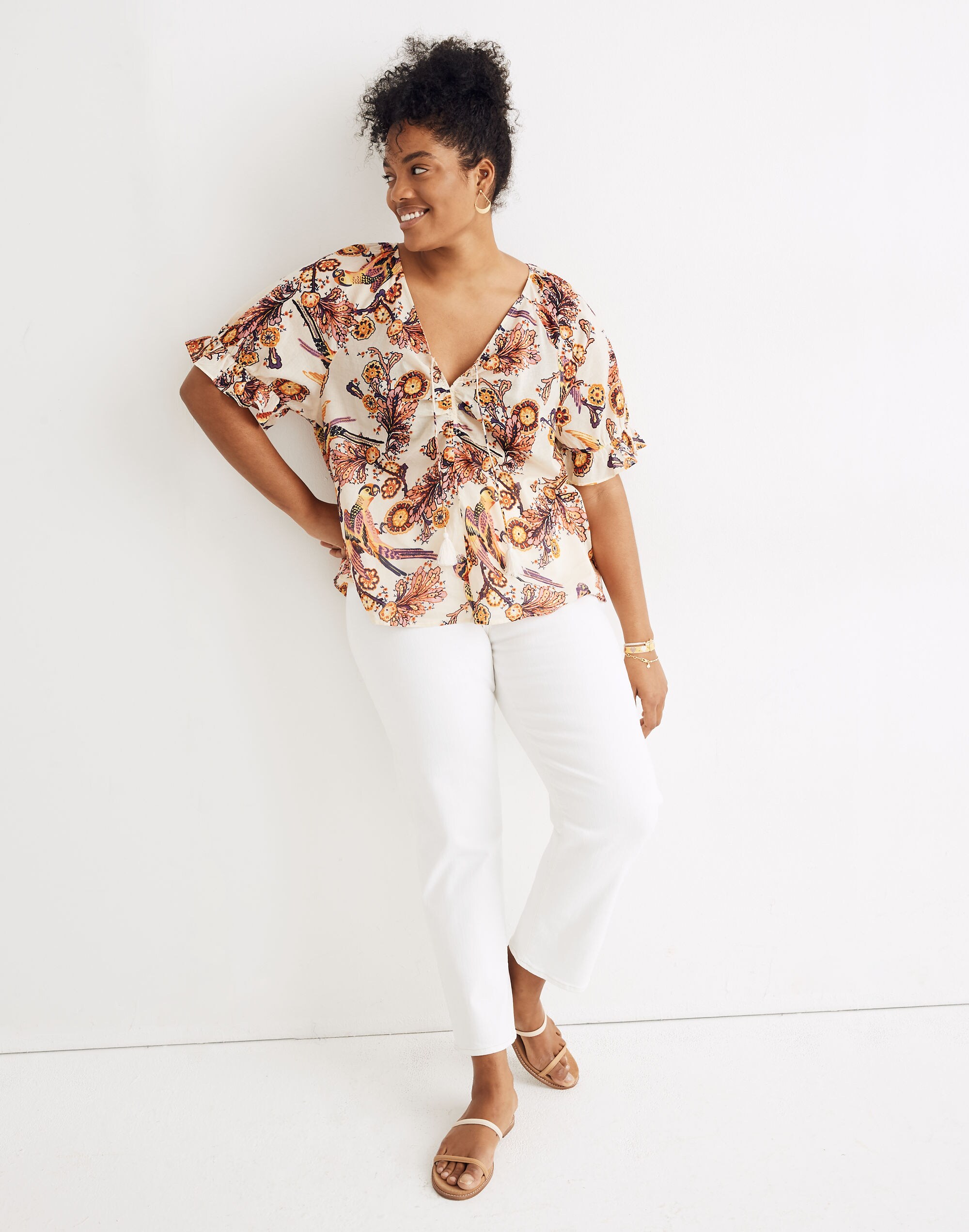 Madewell x Banjanan Ruffle-Sleeve Ruched Top in Bird Print
