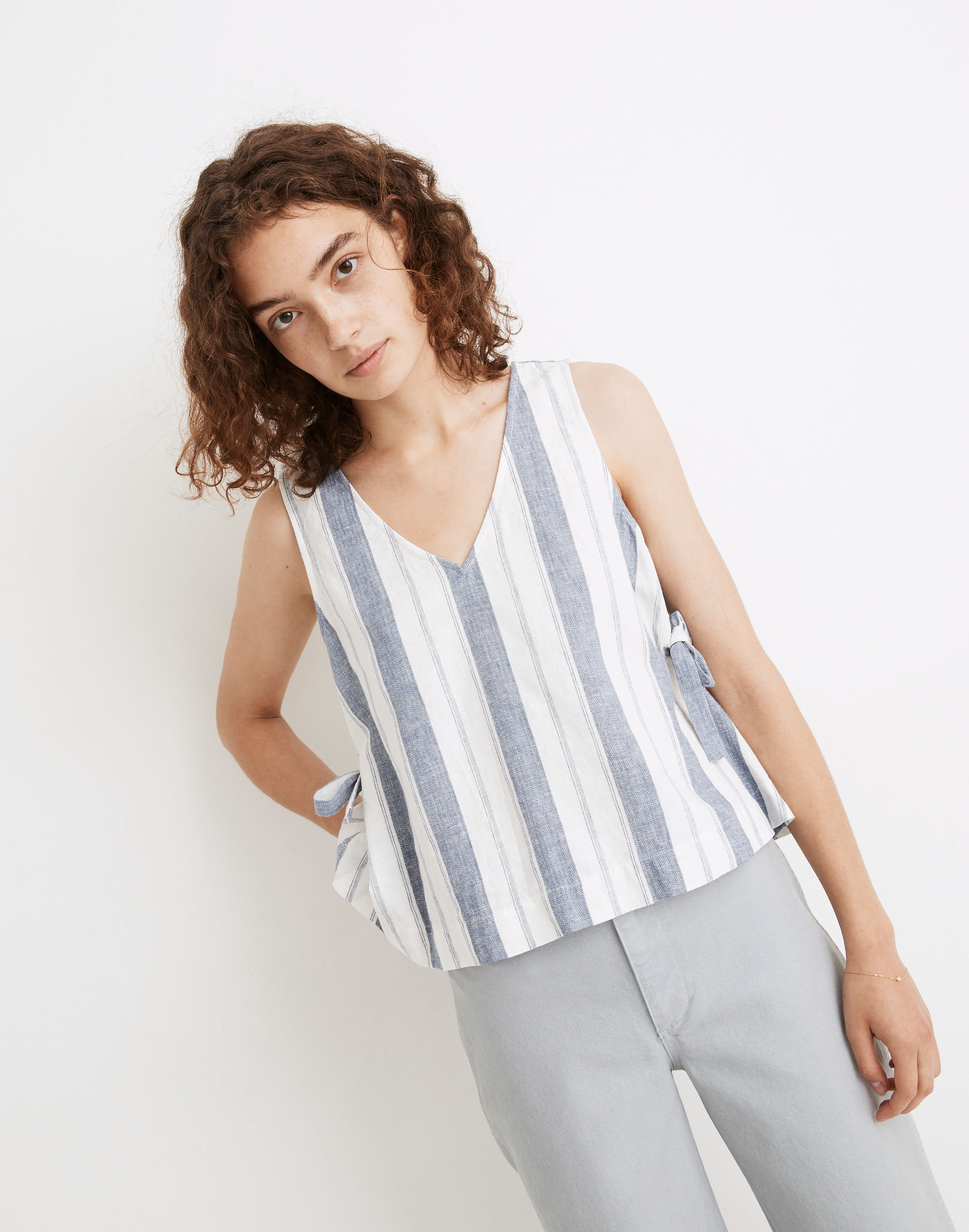 Linen-Blend Side-Tie Tank Top in Stripe