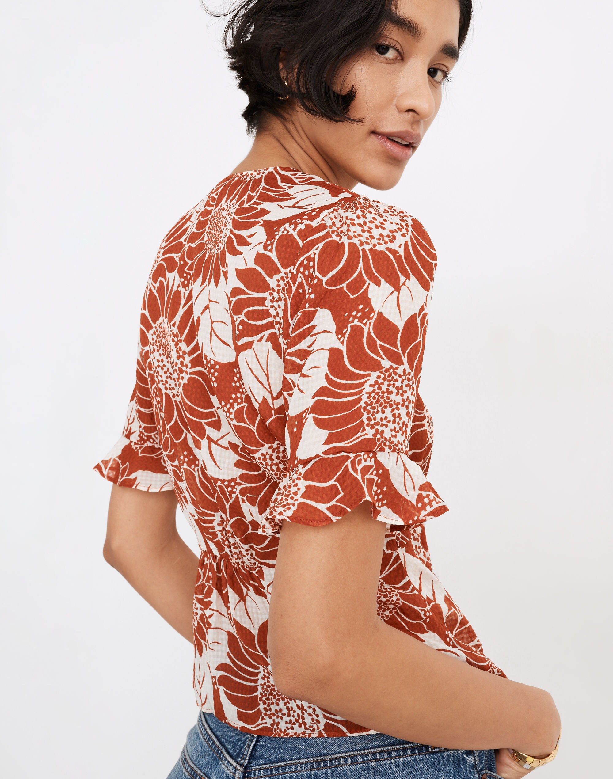 Silk Journal Keyhole-Sleeve Top in Sunflower Season