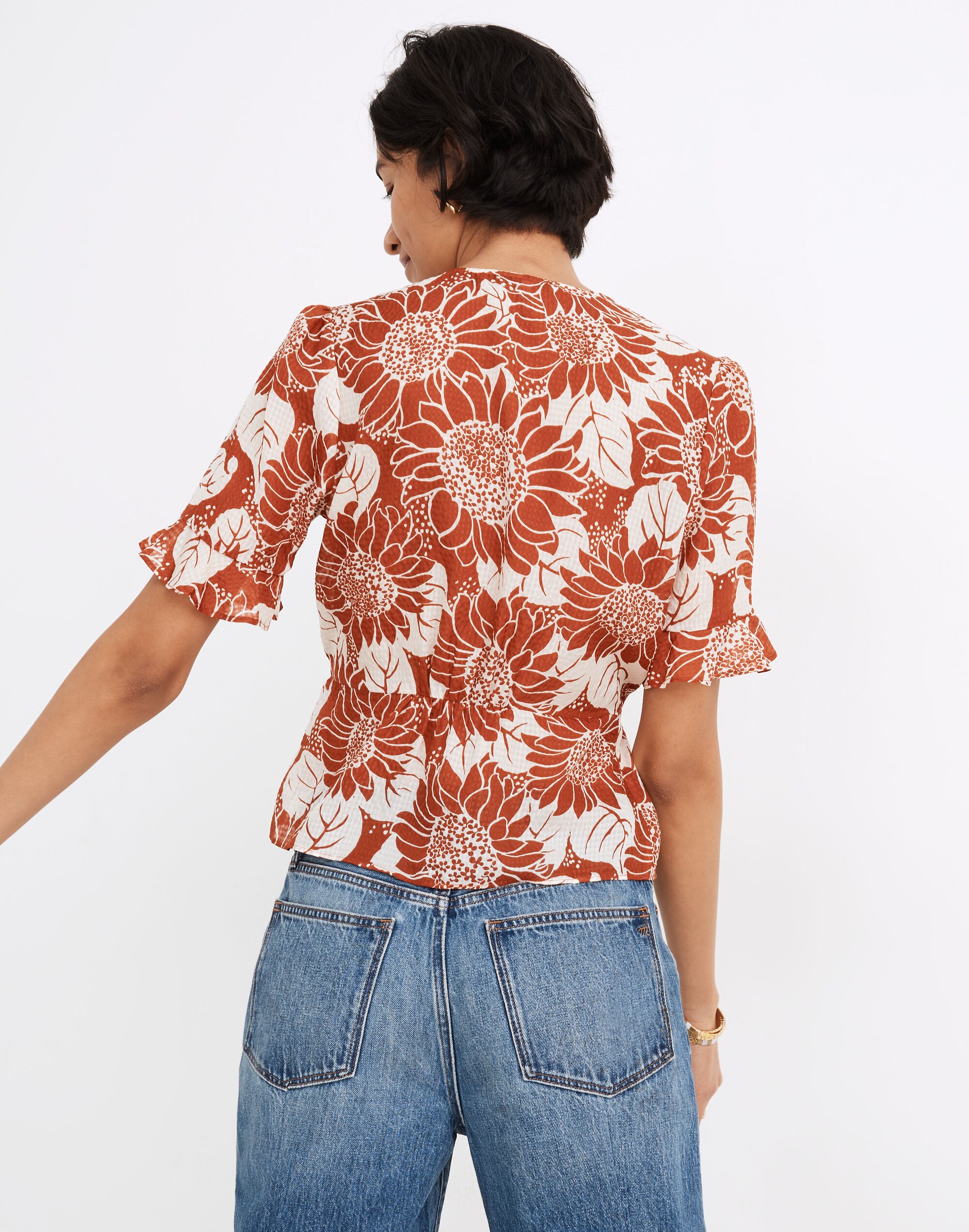 Silk Journal Keyhole-Sleeve Top in Sunflower Season