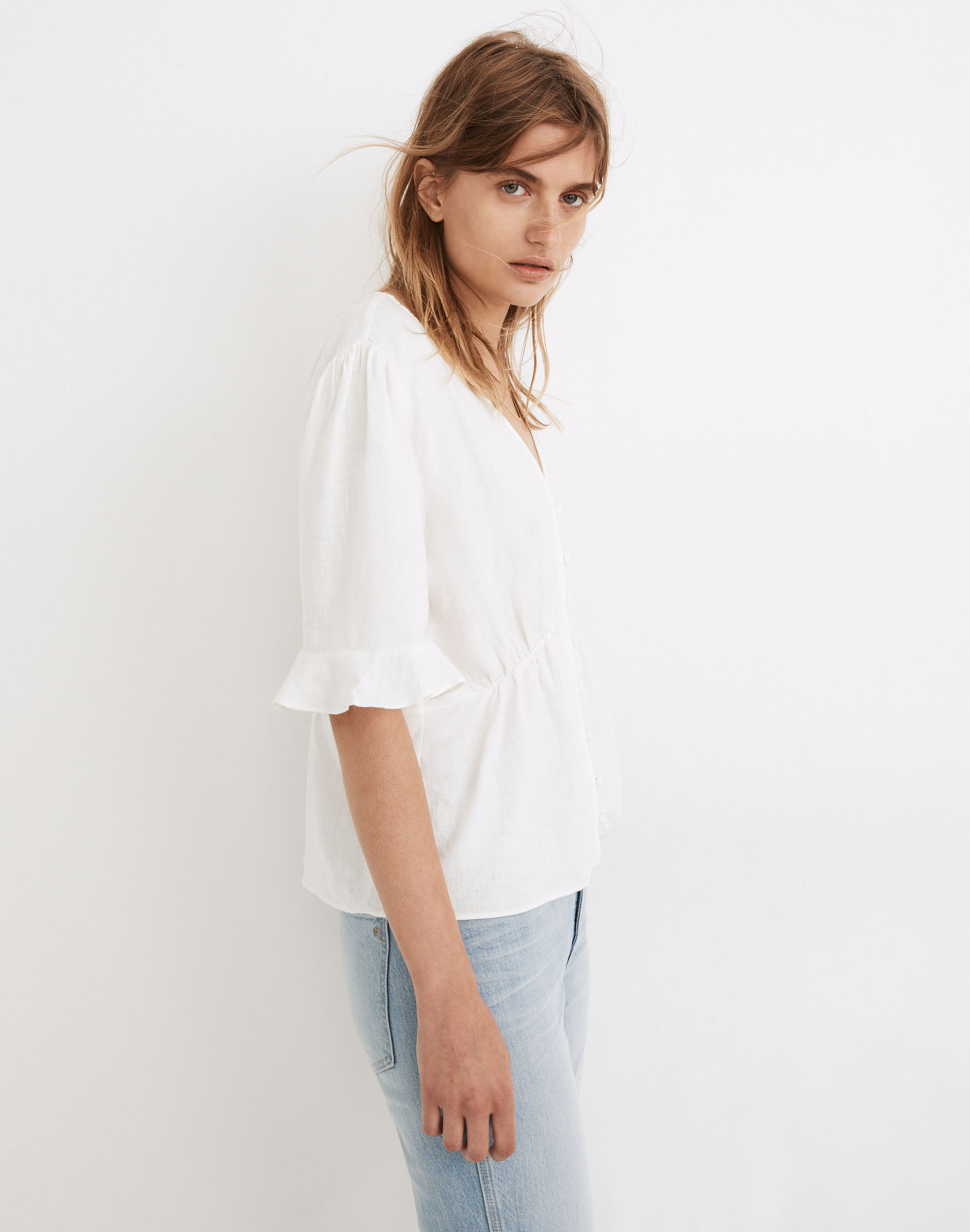 Linen-Blend Journal Keyhole-Sleeve Top