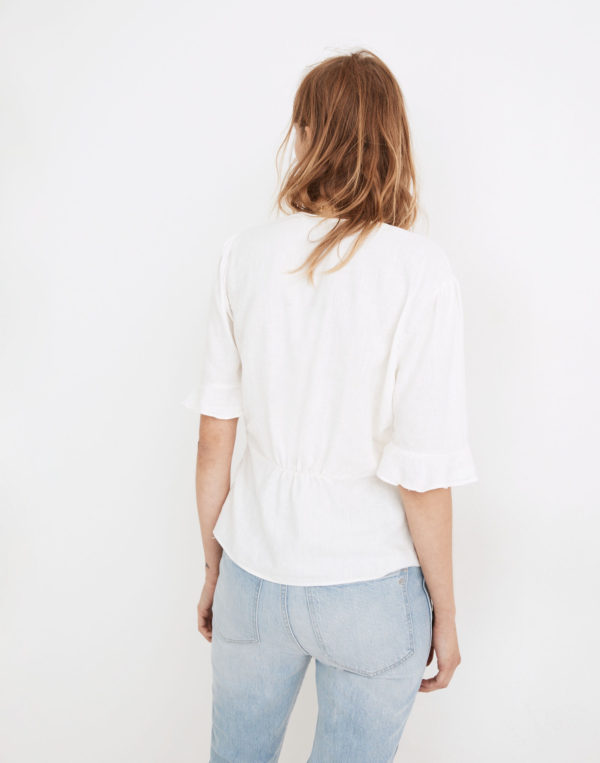 Linen-Blend Journal Keyhole-Sleeve Top