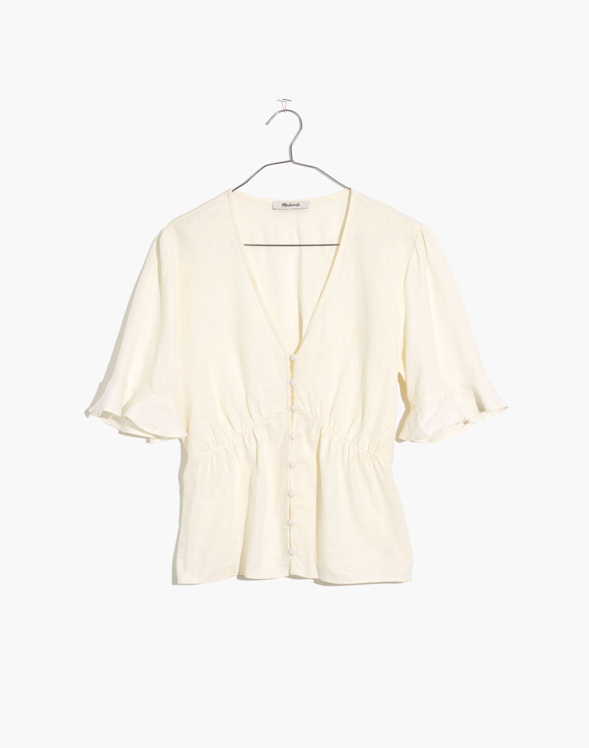 Linen-Blend Journal Keyhole-Sleeve Top