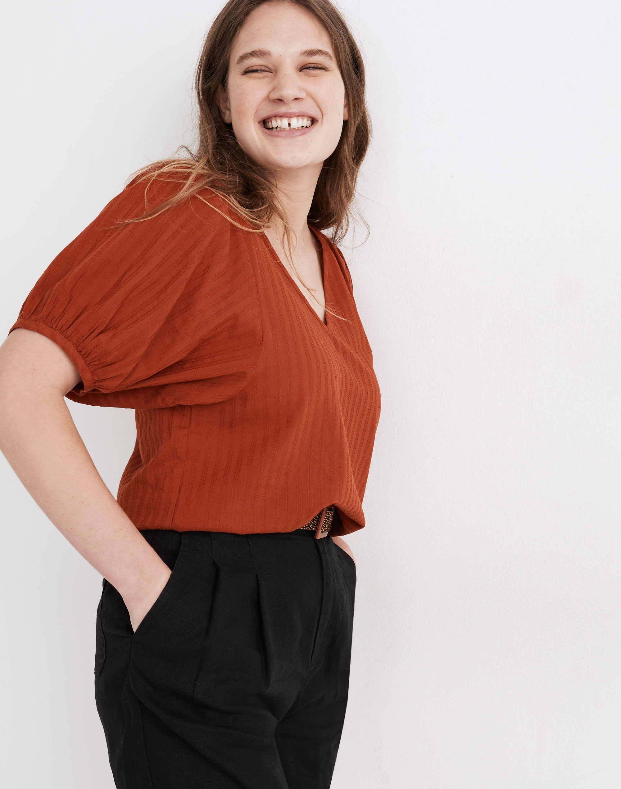 V-Neck Puff-Sleeve Top in Textured Stripe