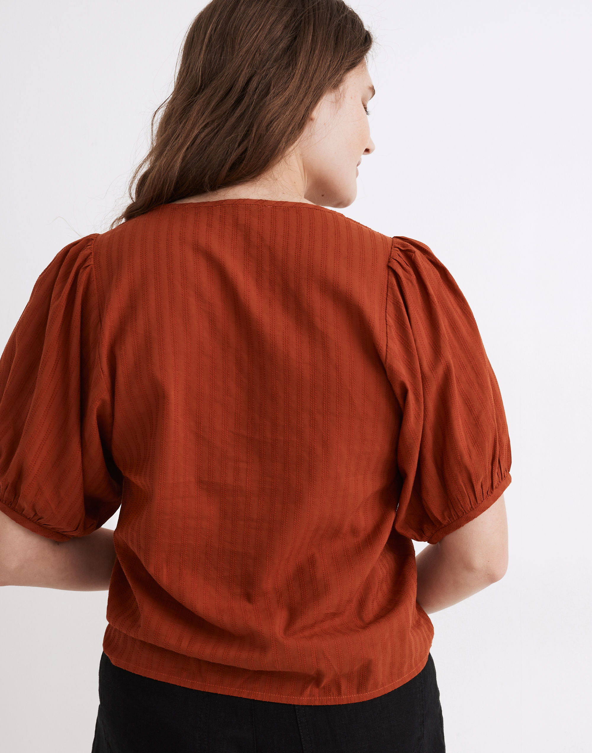 V-Neck Puff-Sleeve Top in Textured Stripe