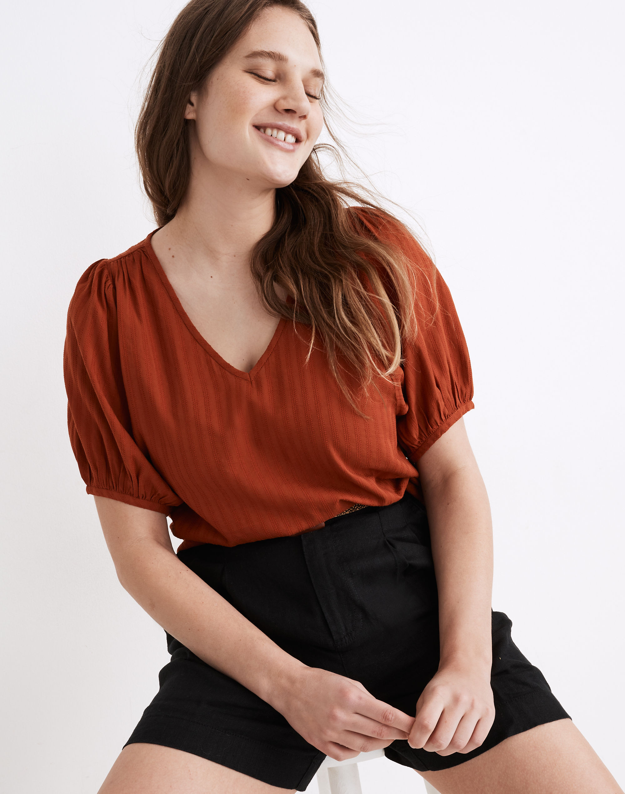 V-Neck Puff-Sleeve Top in Textured Stripe