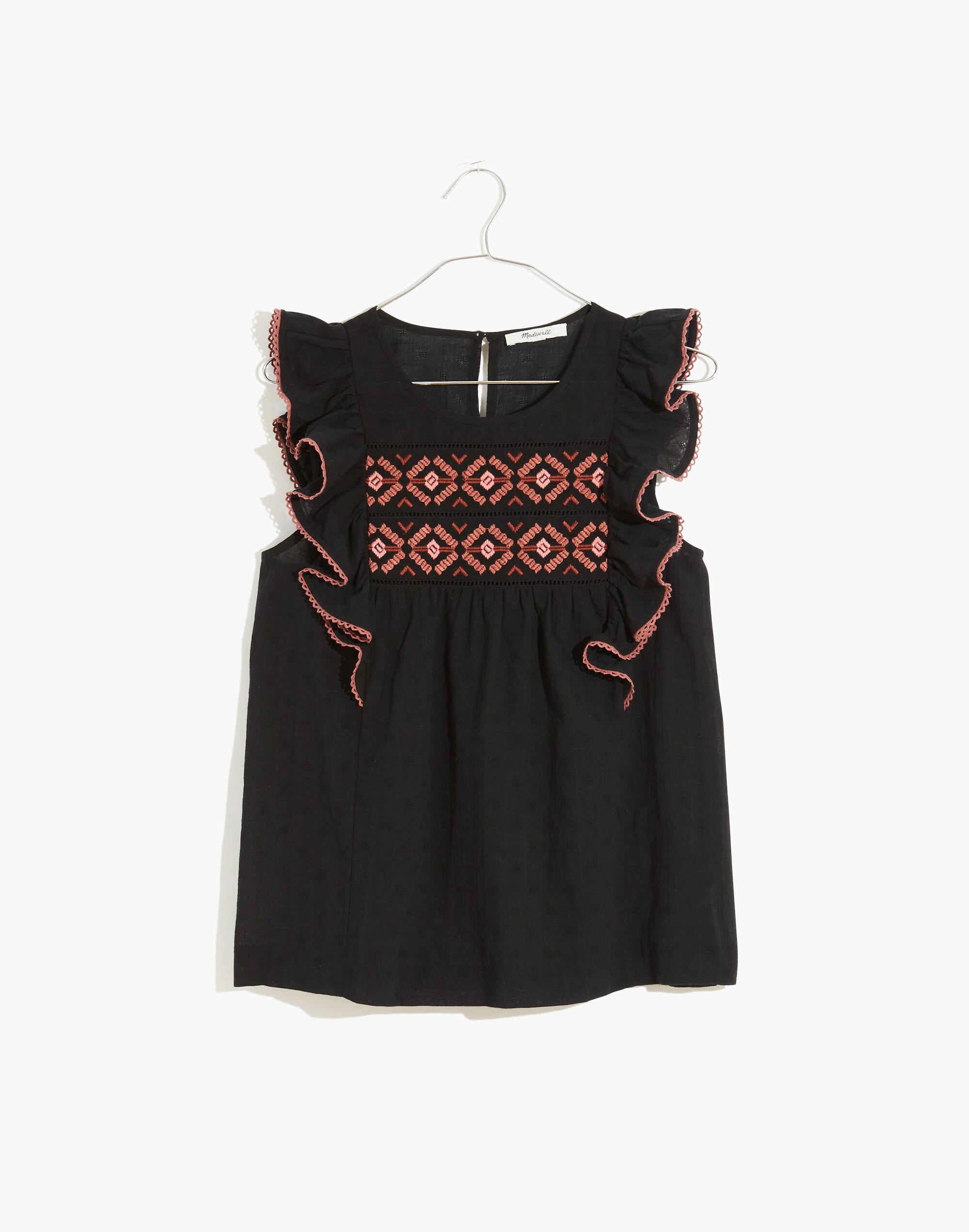 Embroidered Ruffle-Shoulder Tank Top