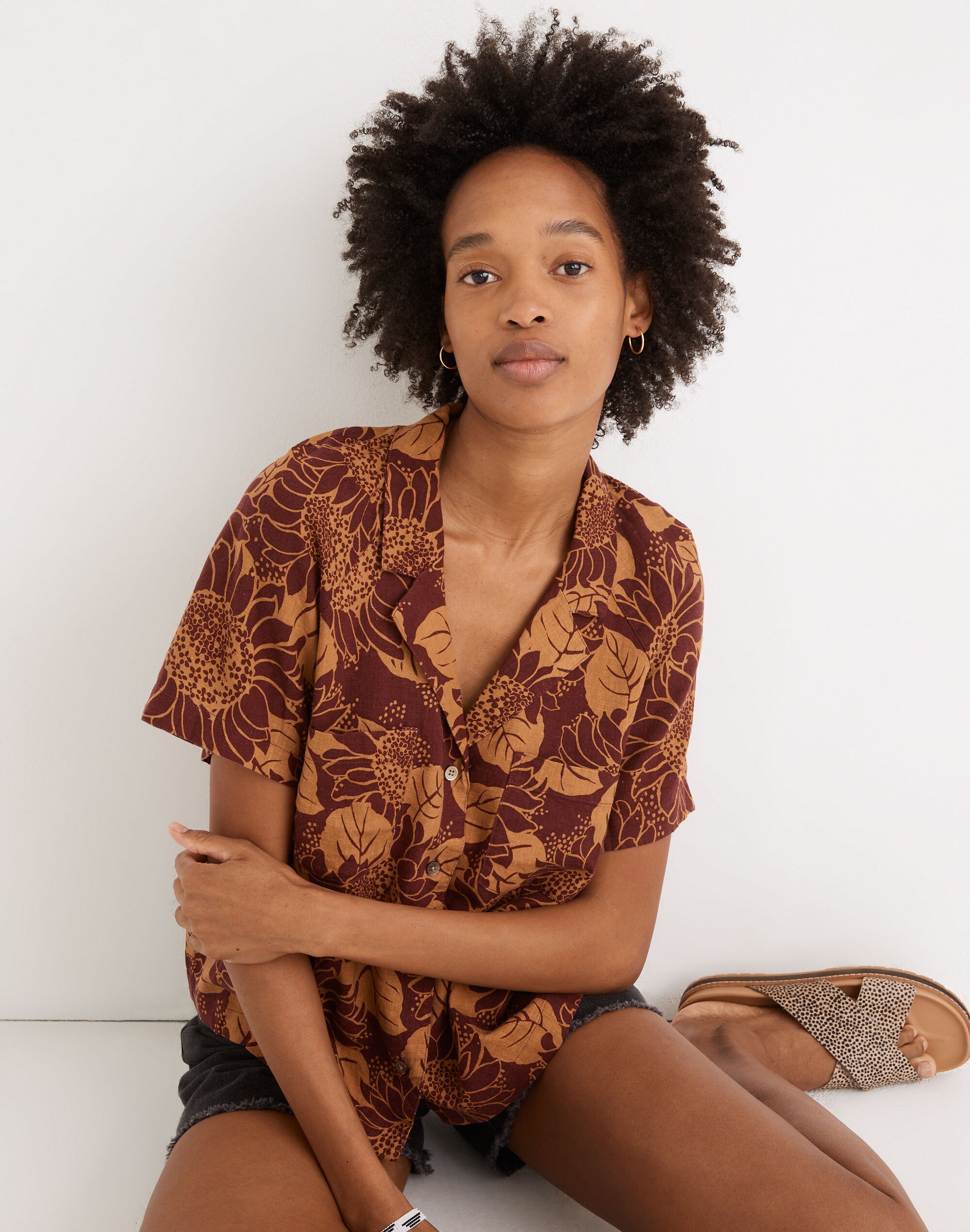 Linen-Blend Raglan Camp Shirt in Sunflower Season