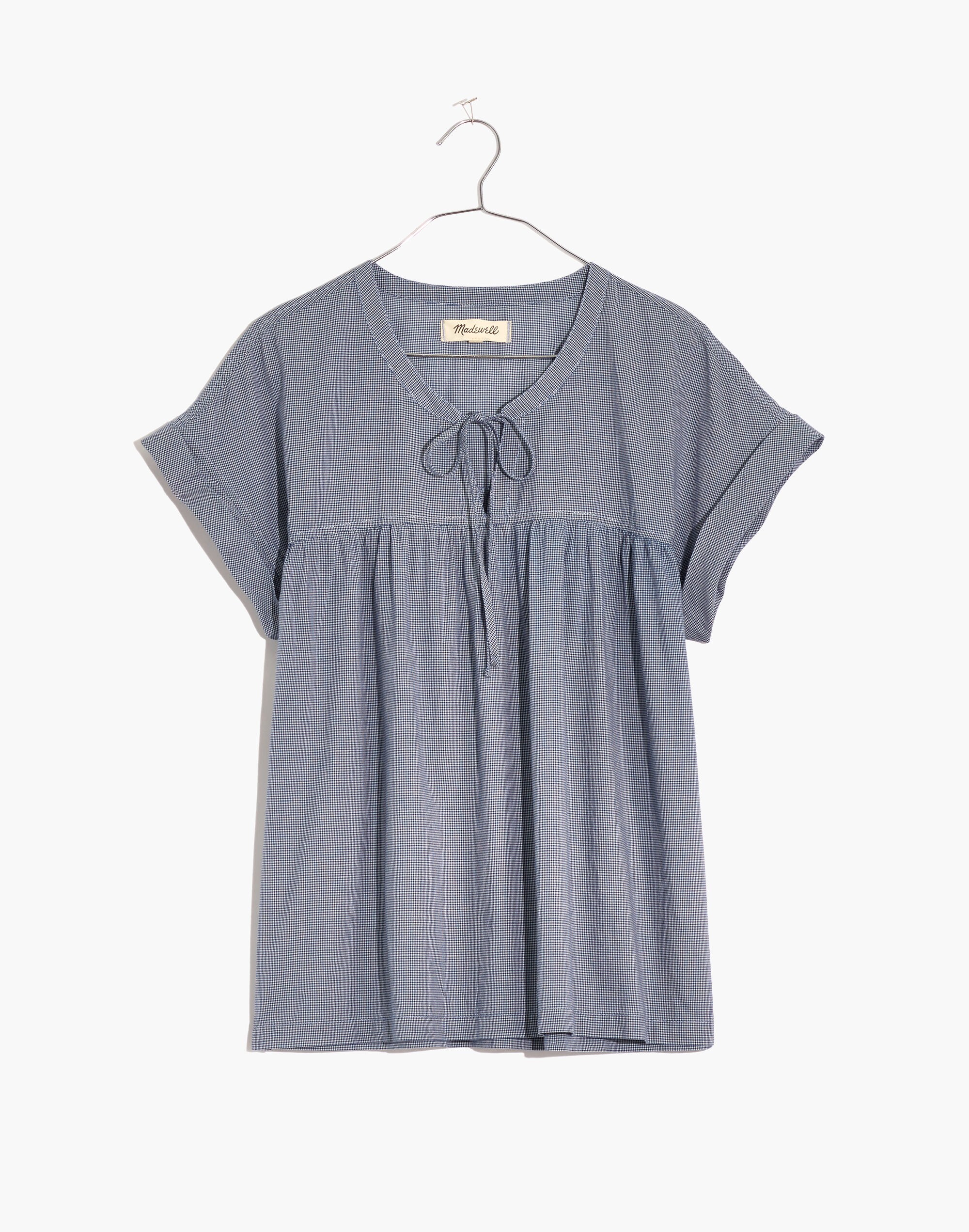 Tie-Front Popover Top in Mini Gingham Check