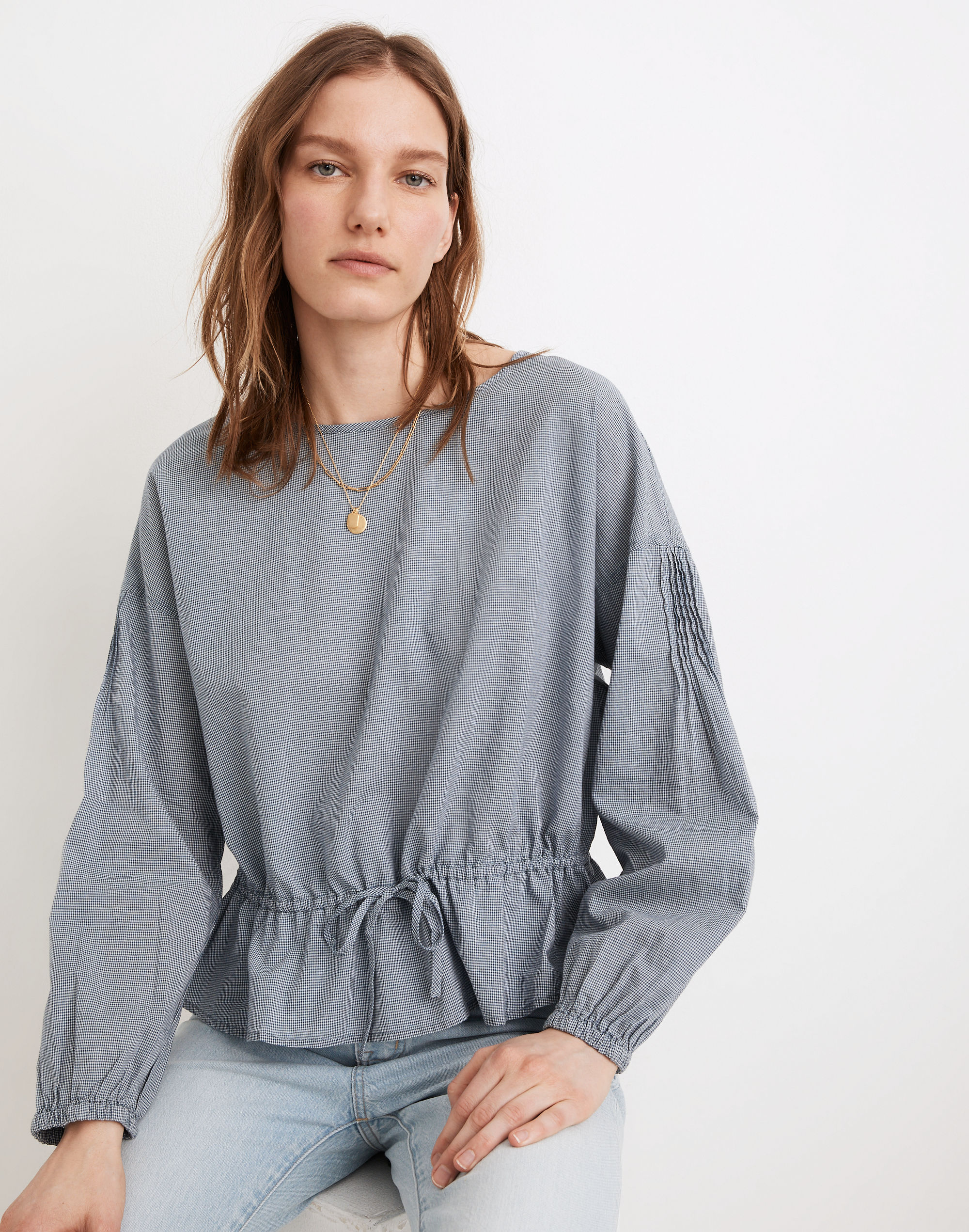 Indigo Gingham Drawstring Peplum Top